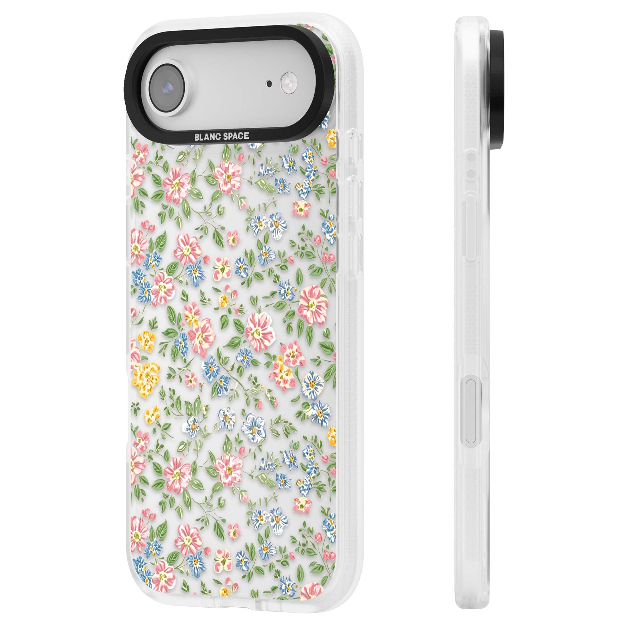 Soft Meadow cottagecore iPhone case featuring pink cosmos, blue forget-me-nots, yellow buttercups and green leaves sca | Clear Case Impact Air case for iPhone Air