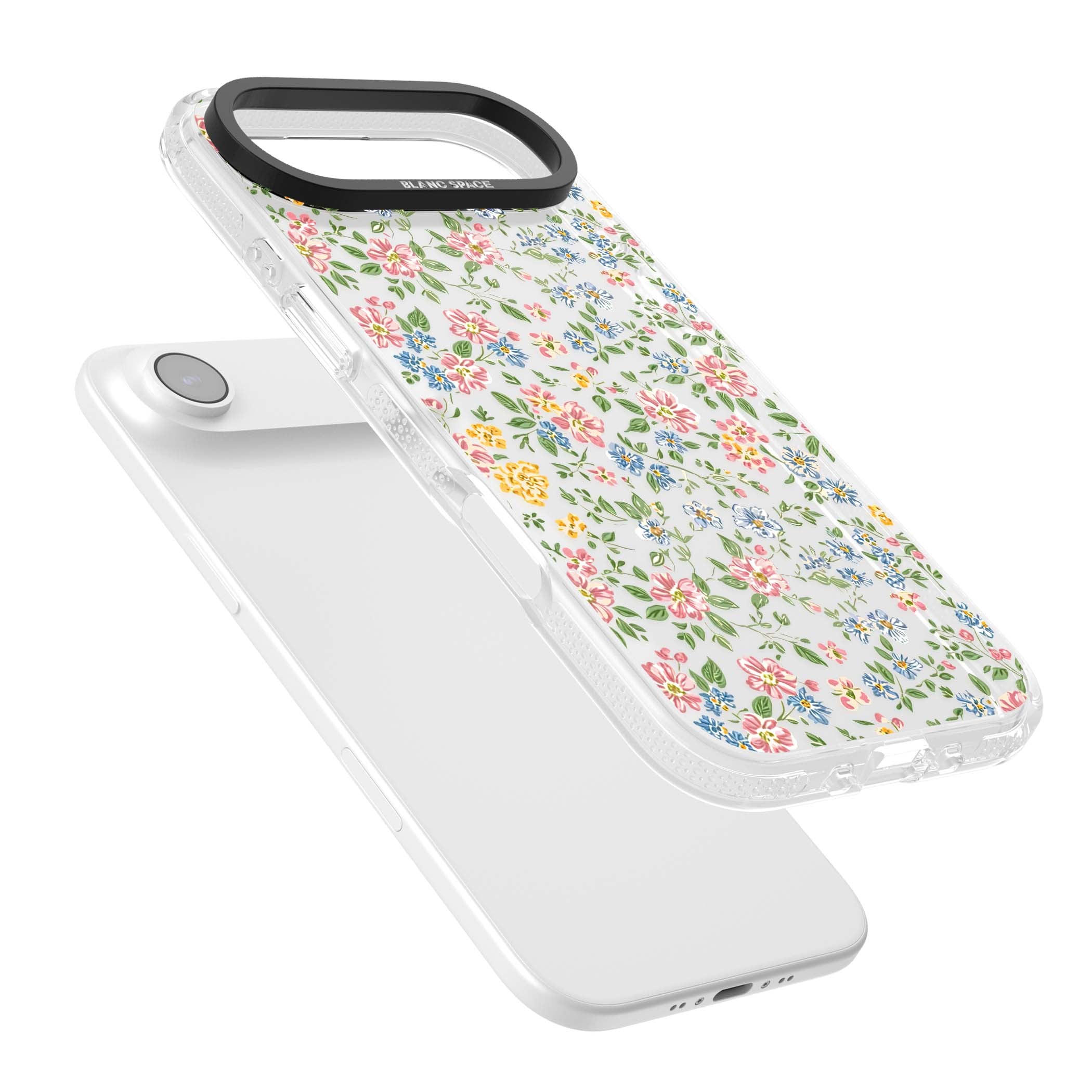Soft Meadow cottagecore iPhone case featuring pink cosmos, blue forget-me-nots, yellow buttercups and green leaves sca | Clear Case Impact Air case for iPhone Air