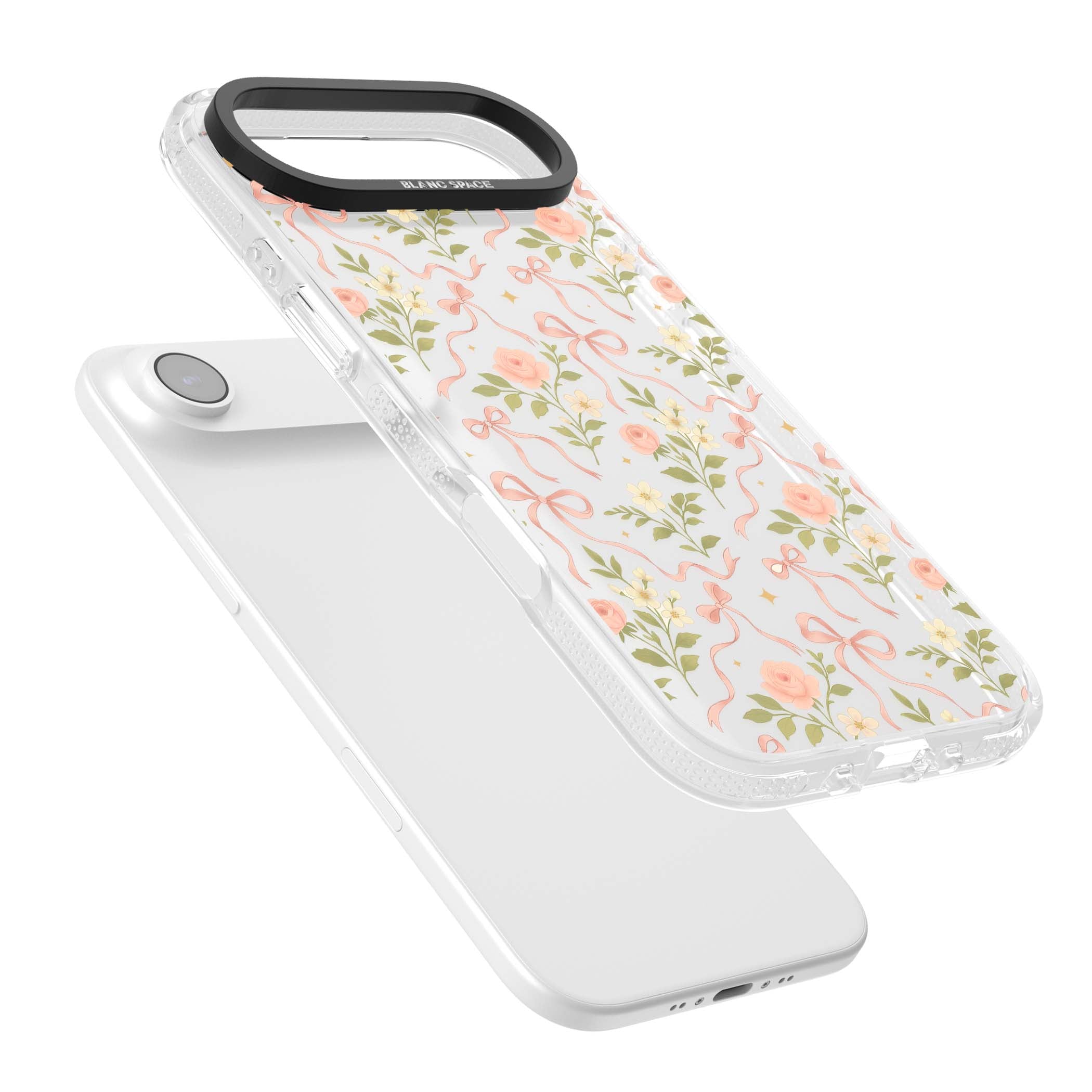 Ribbon Garden coquette iPhone case featuring pink bows, peach roses and wildflowers on white background | Clear Case Impact Air case for iPhone Air