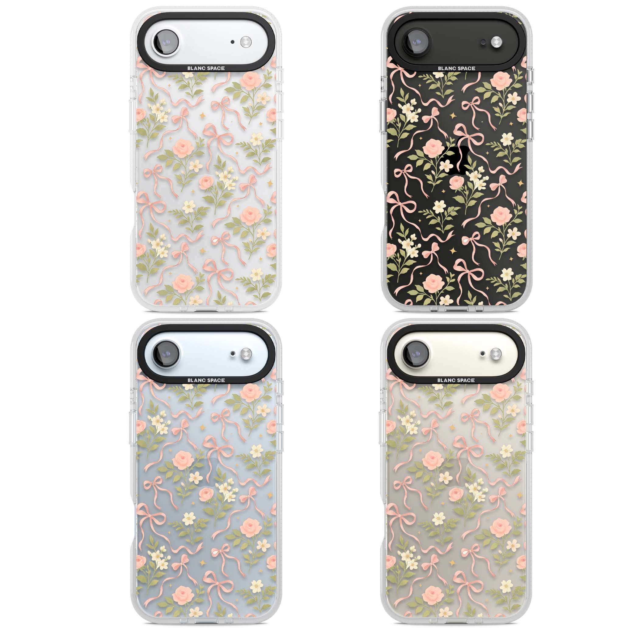 Ribbon Garden coquette iPhone case featuring pink bows, peach roses and wildflowers on white background | Clear Case Impact Air case for iPhone Air