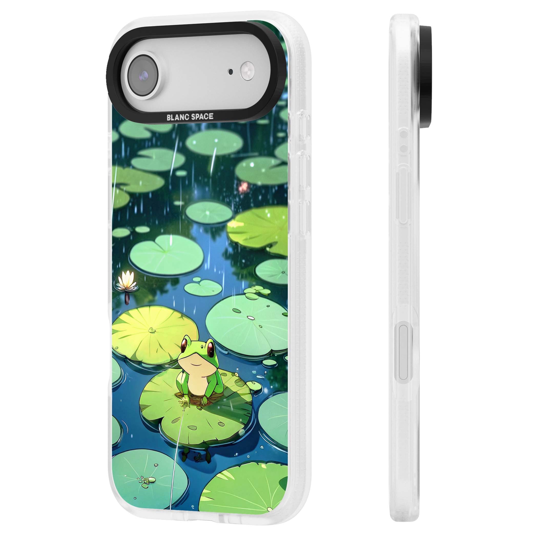 Frog In Lily Pond cottagecore iPhone case featuring a cute green frog on a lily pad with falling rain and a lotus flower | Clear Case Impact Air case for iPhone Air