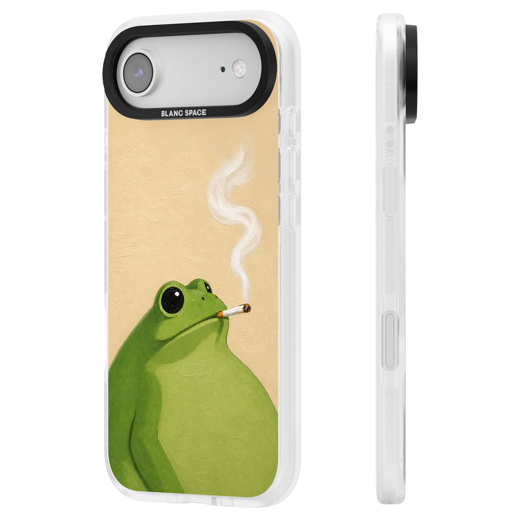 The Smoking Frog cottagecore iPhone case featuring a hand-painted green frog smoking a cigarette on a cream oil painting back | Clear Case Impact Air case for iPhone Air