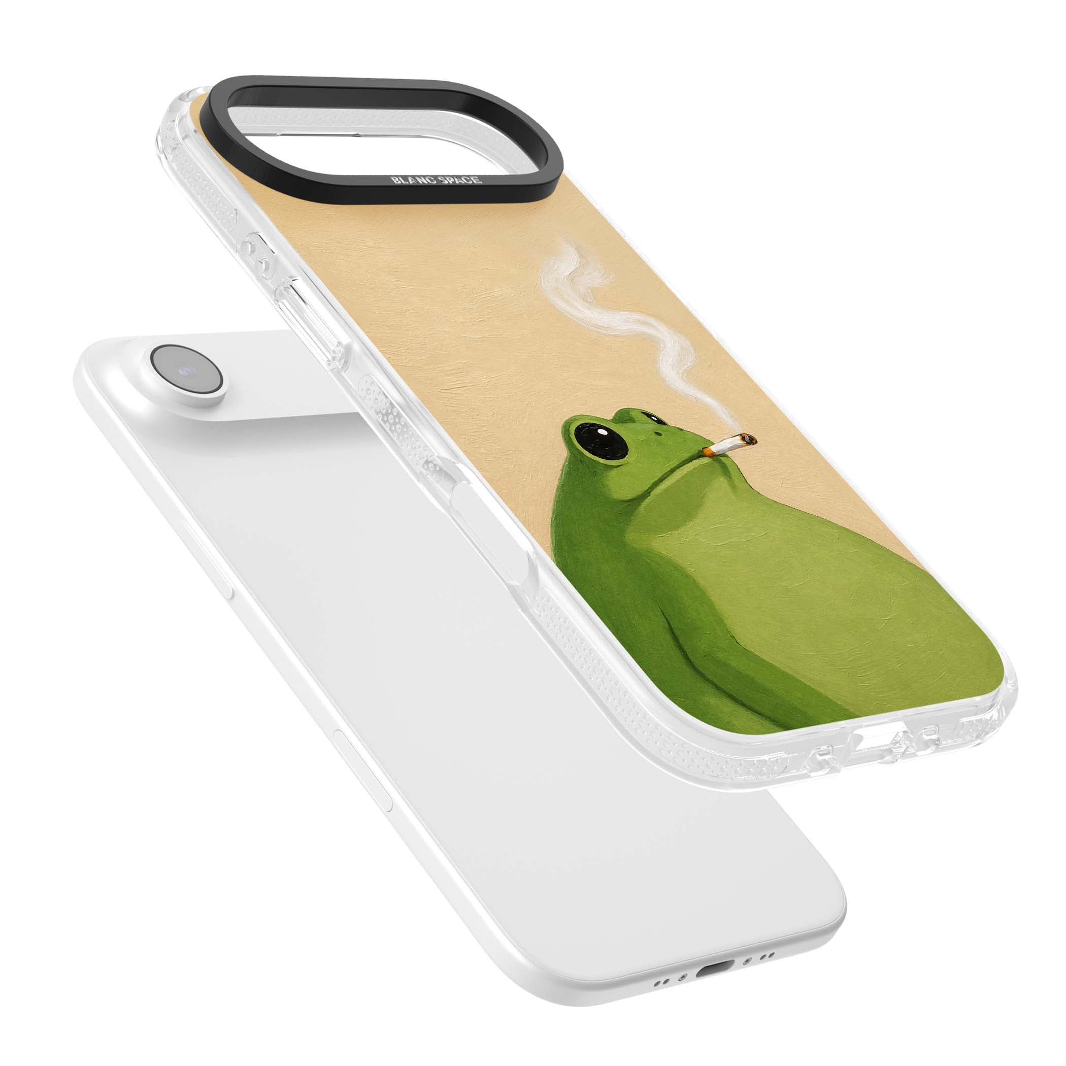 The Smoking Frog cottagecore iPhone case featuring a hand-painted green frog smoking a cigarette on a cream oil painting back | Clear Case Impact Air case for iPhone Air