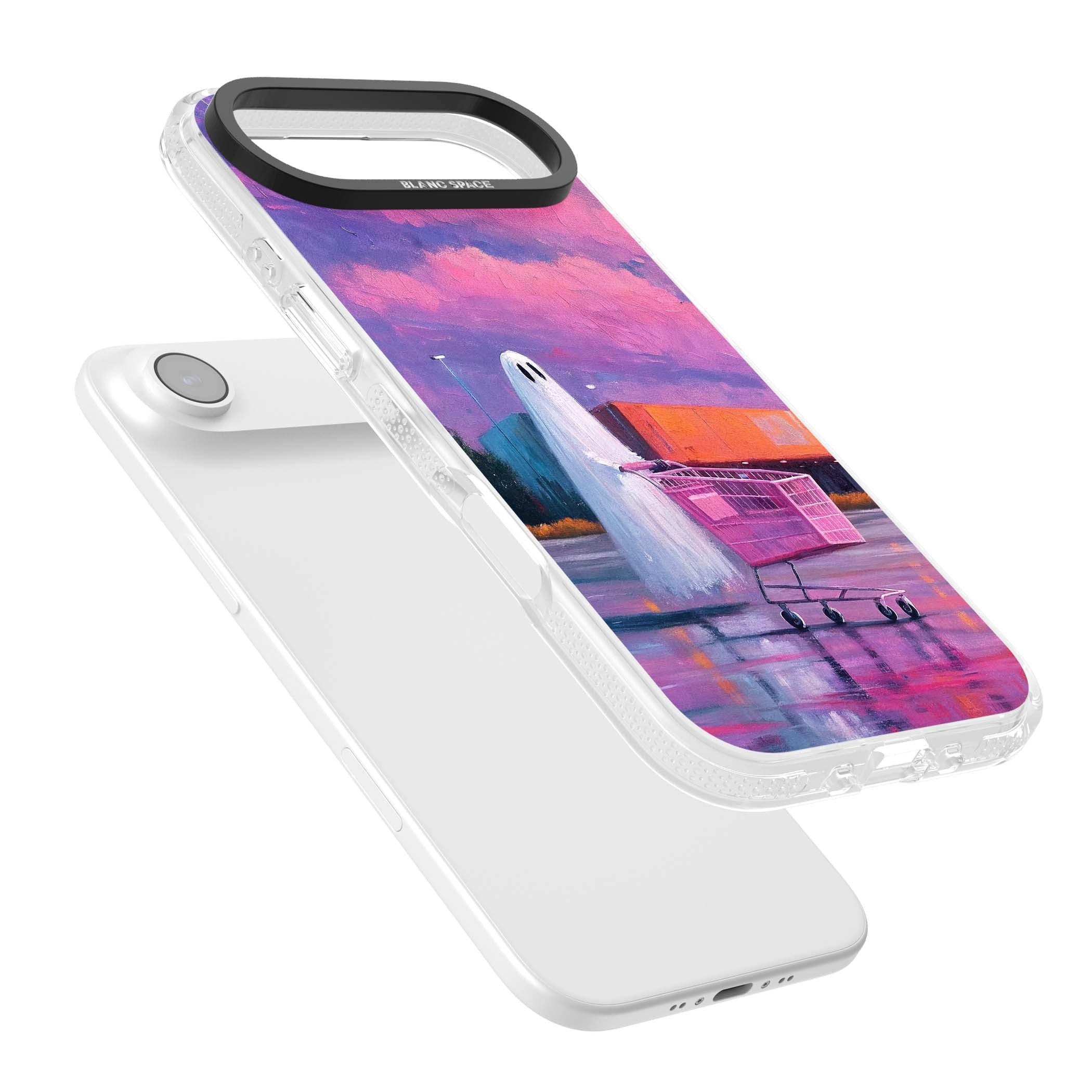 A Ghost's Errand ghost halloween iPhone case featuring a painted ghost, pink shopping trolley and purple sunset sky | Clear Case Impact Air case for iPhone Air