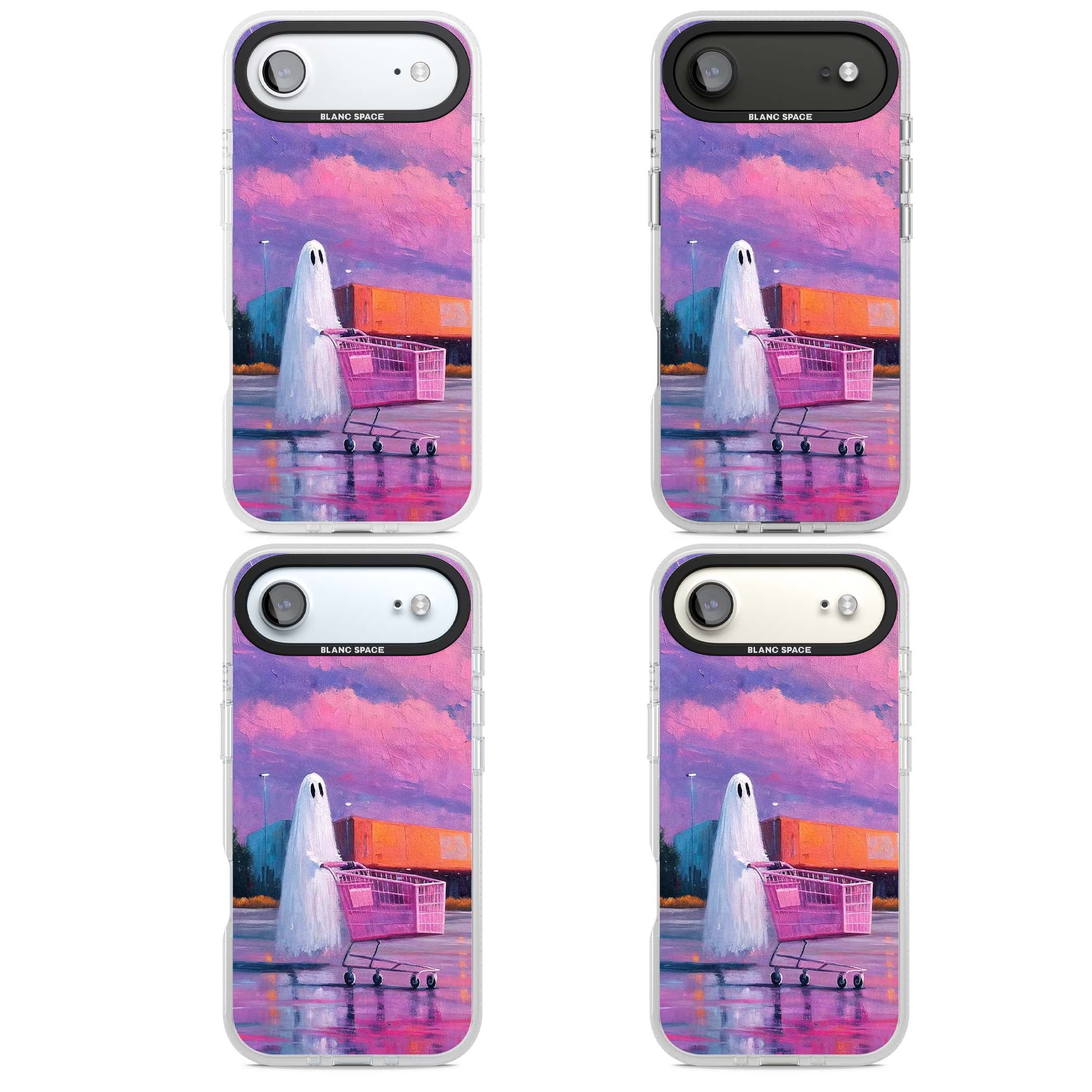 A Ghost's Errand ghost halloween iPhone case featuring a painted ghost, pink shopping trolley and purple sunset sky | Clear Case Impact Air case for iPhone Air