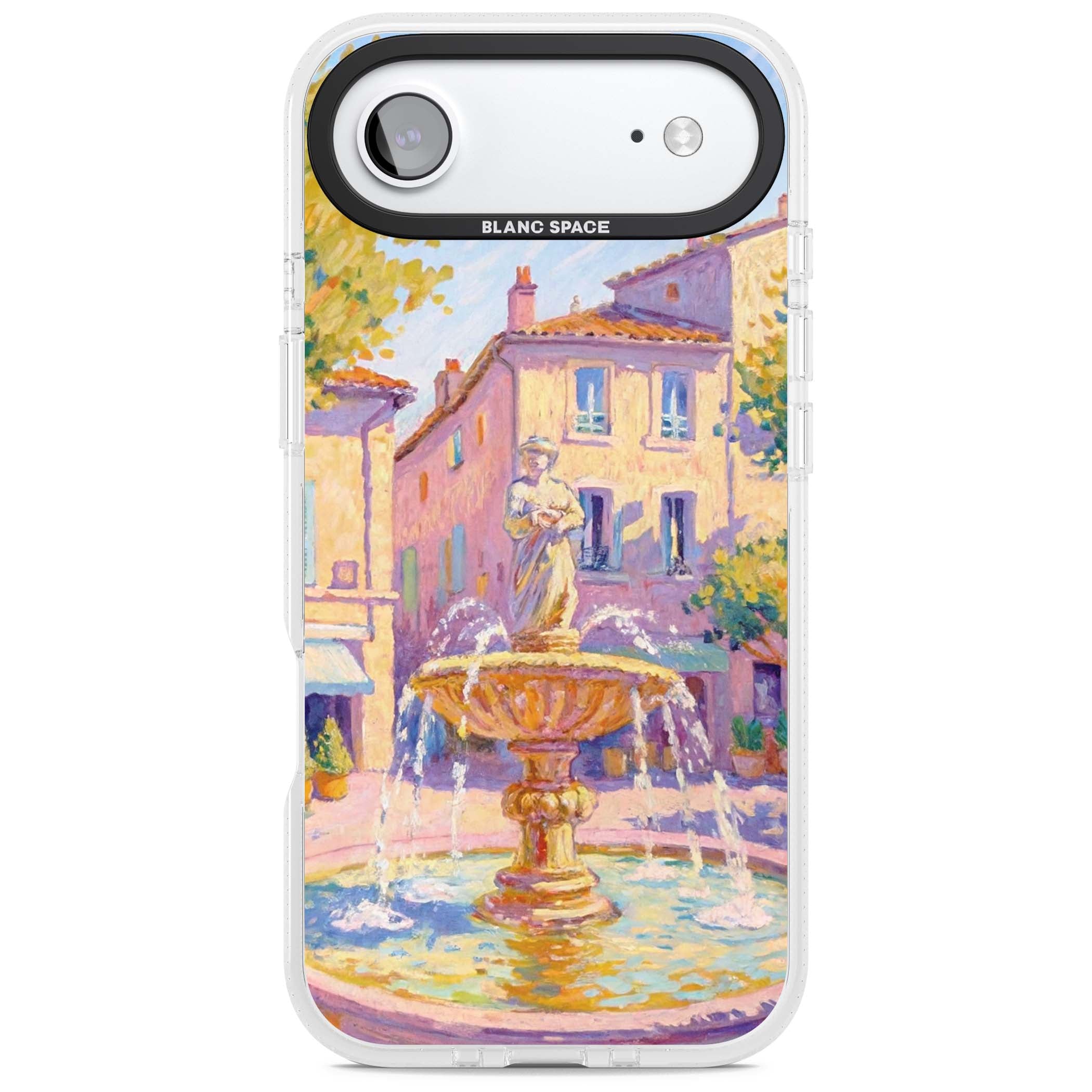 Fountain Square fine art iPhone case featuring an impressionist Provençal fountain, pastel village buildings and summe | Clear Case Impact Air case for iPhone Air