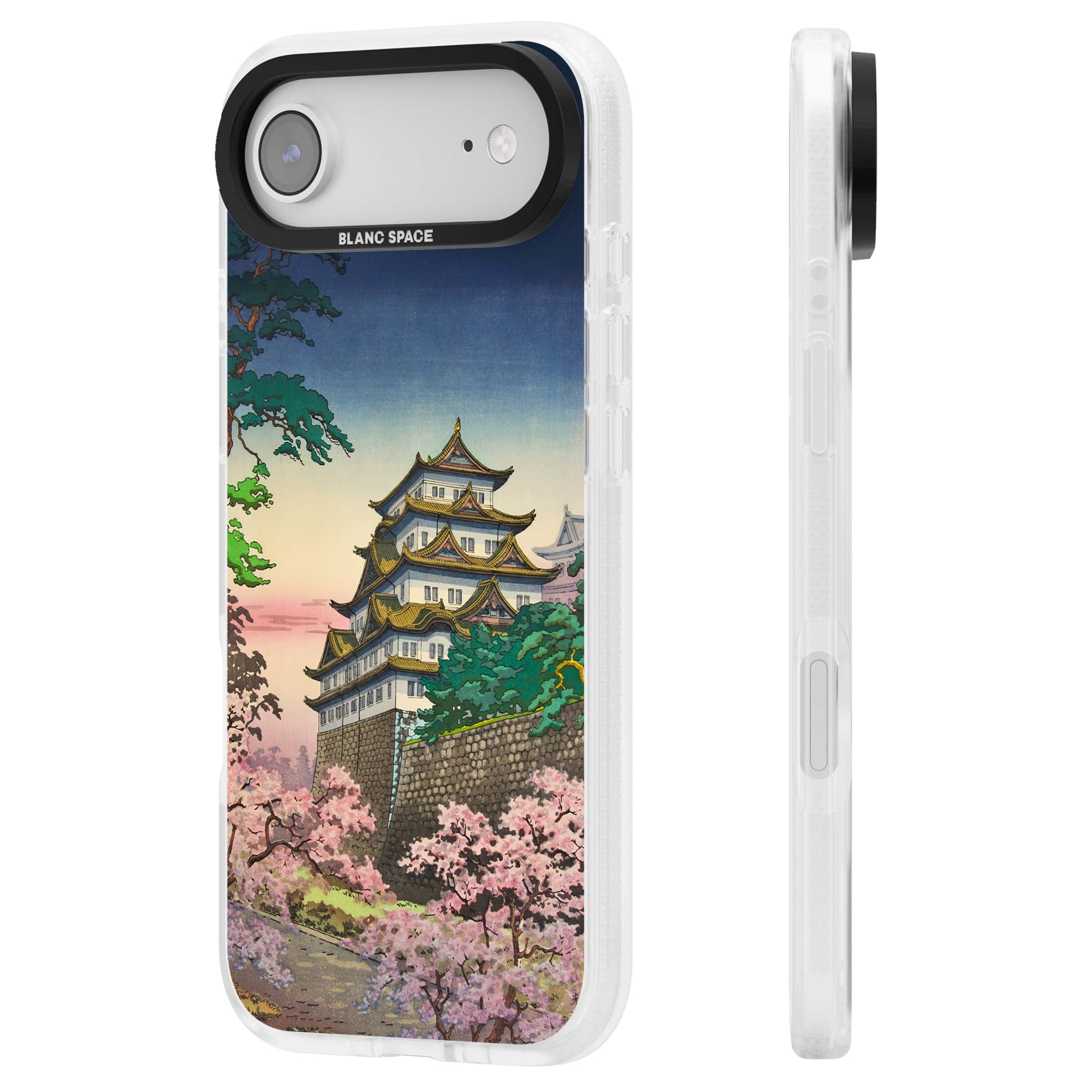 Nagoya Castle Japanese iPhone case featuring a vintage pagoda, twilight sky and cherry blossom trees | Clear Case Impact Air case for iPhone Air