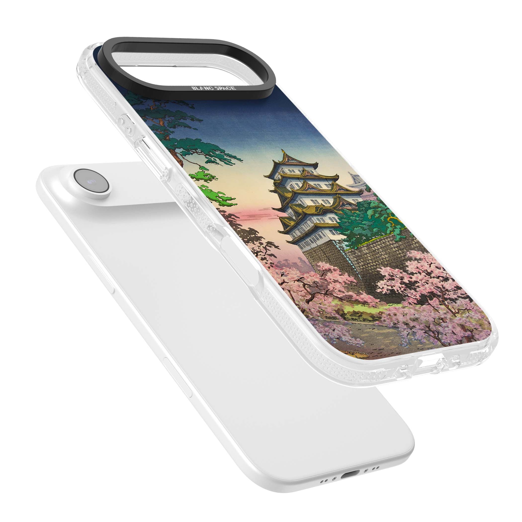 Nagoya Castle Japanese iPhone case featuring a vintage pagoda, twilight sky and cherry blossom trees | Clear Case Impact Air case for iPhone Air