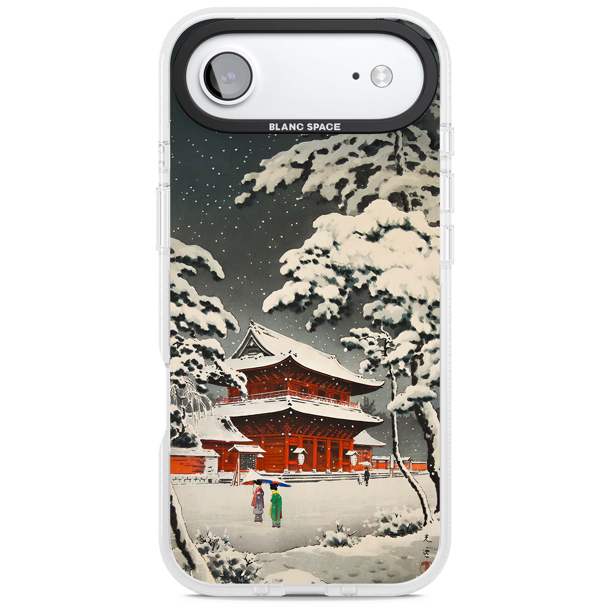 Snow at Shiha Park, Tokyo Japanese art iPhone case featuring a vintage ukiyo-e snowy temple, red pagoda, and snow-covered pin | Clear Case Impact Air case for iPhone Air