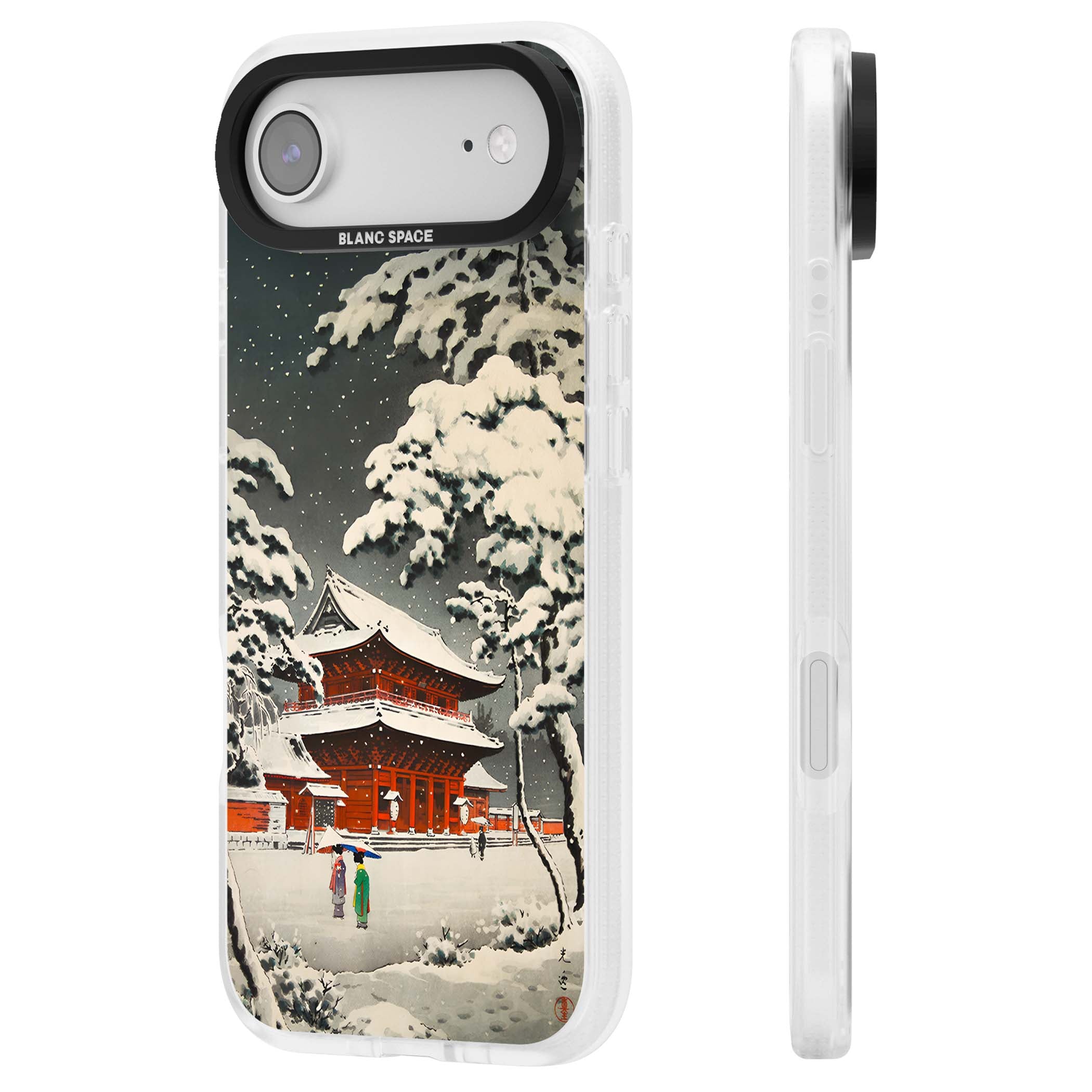 Snow at Shiha Park, Tokyo Japanese art iPhone case featuring a vintage ukiyo-e snowy temple, red pagoda, and snow-covered pin | Clear Case Impact Air case for iPhone Air