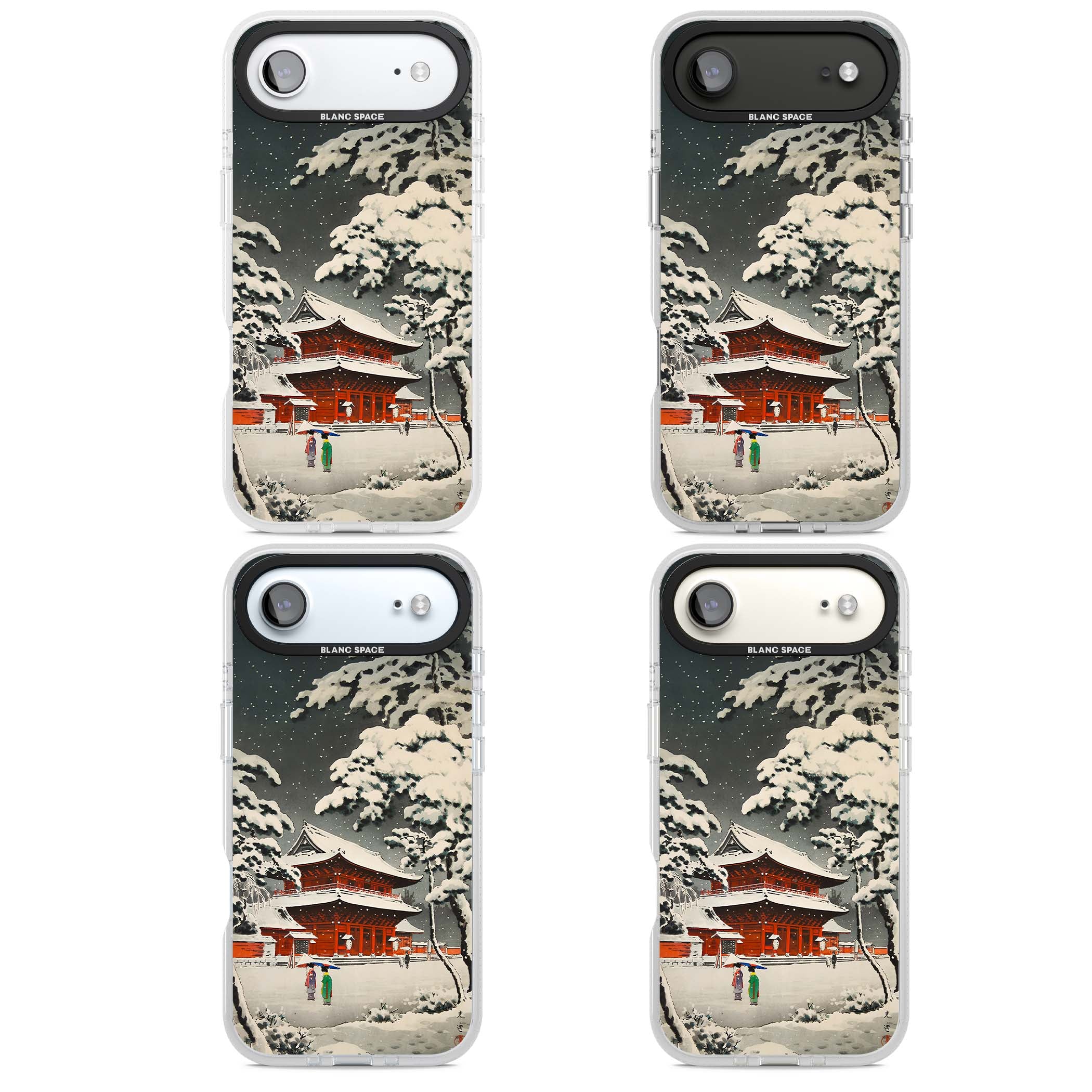 Snow at Shiha Park, Tokyo Japanese art iPhone case featuring a vintage ukiyo-e snowy temple, red pagoda, and snow-covered pin | Clear Case Impact Air case for iPhone Air