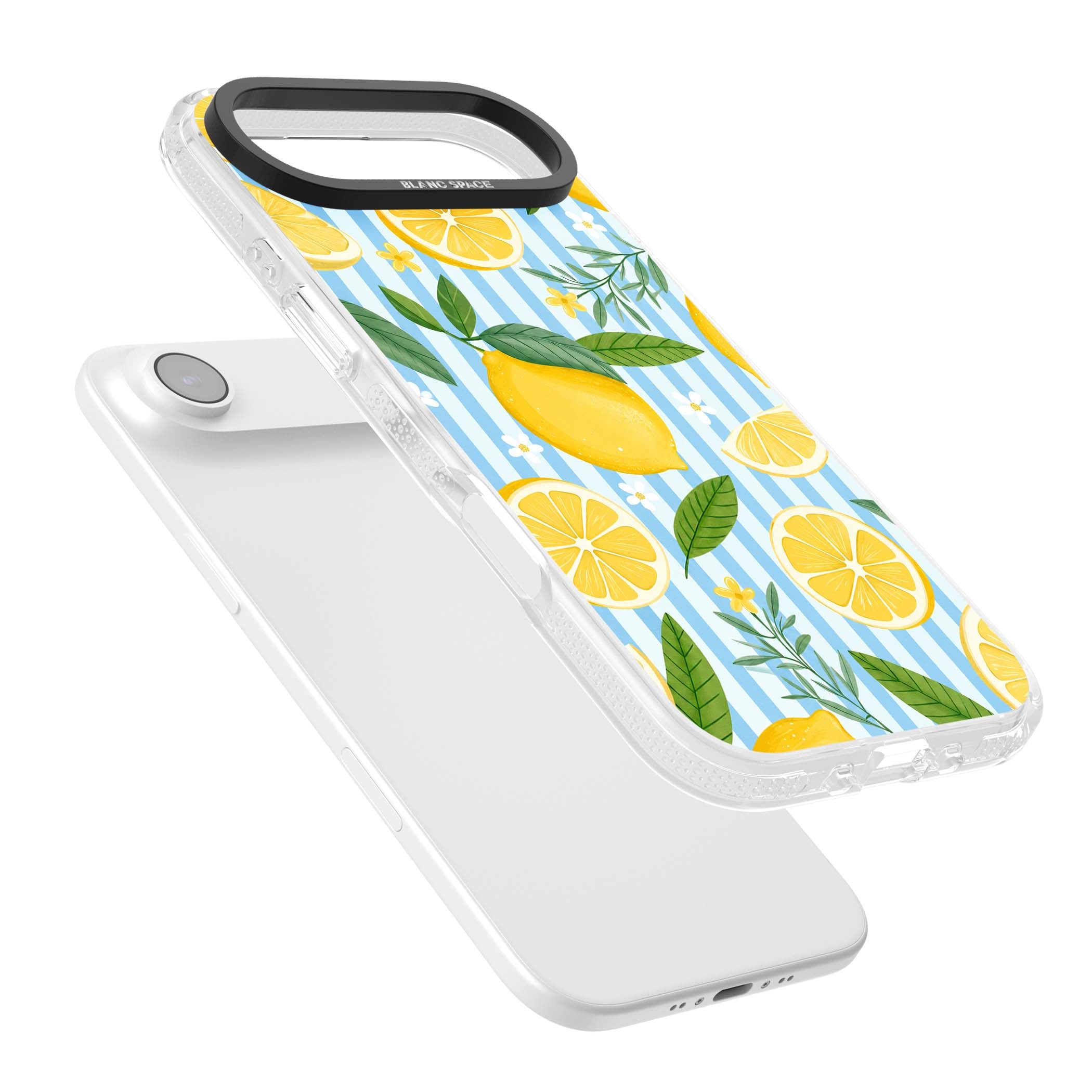Capri Citrus Stripe coastal iPhone case featuring yellow lemons, blue stripes, and white daisy blossoms | Clear Case Impact Air case for iPhone Air