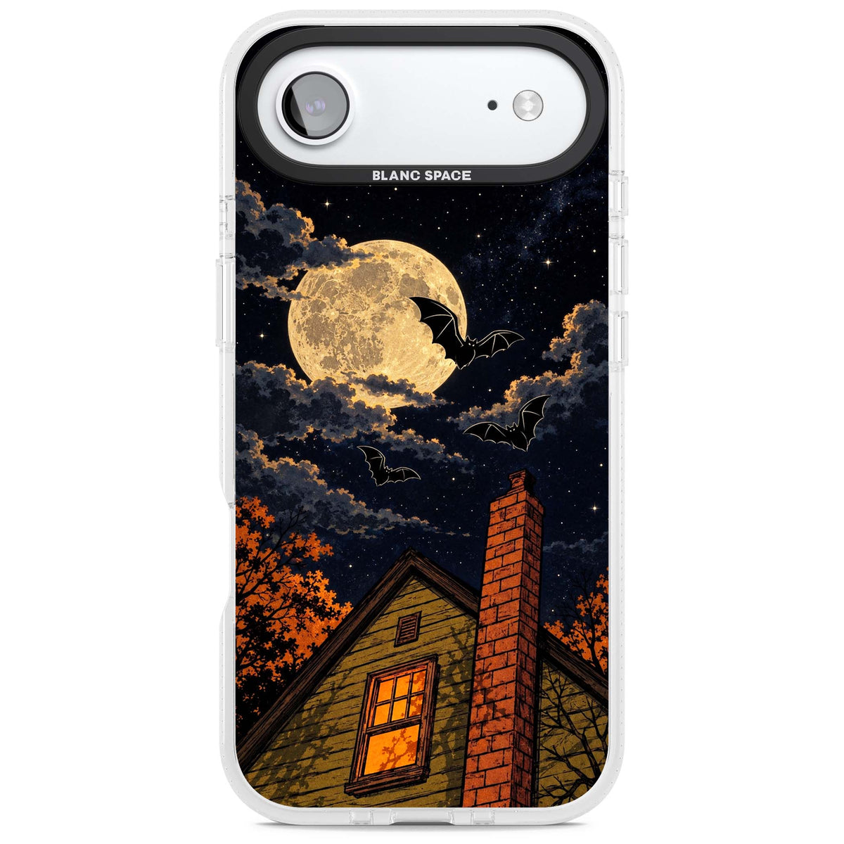 Hollows Eve Halloween iPhone case featuring a haunted house, full moon and flying bats against a starry autumn sky | Clear Case Impact Air case for iPhone Air