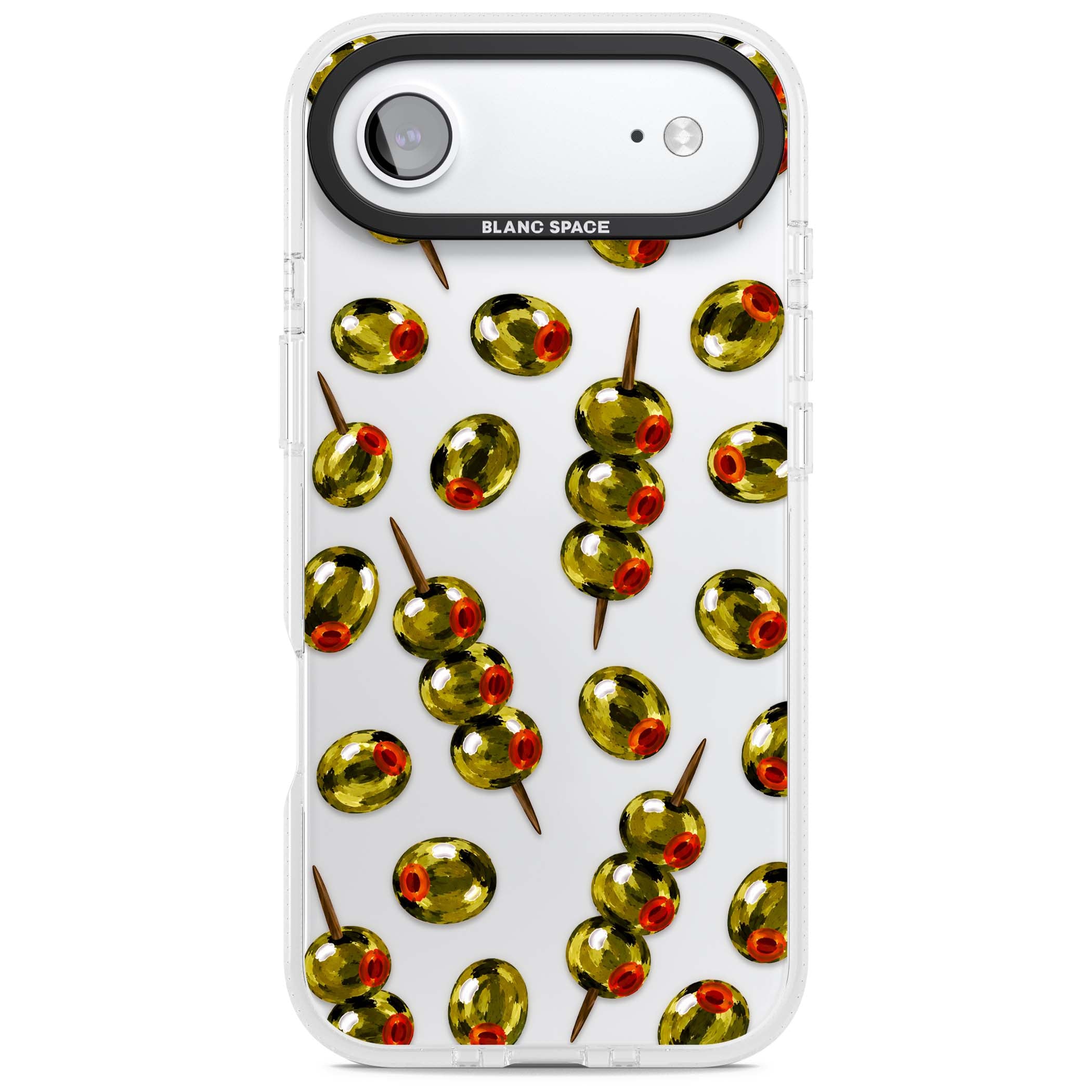 Painted Olives cocktail iPhone case featuring green olives, pimento centres and toothpick skewers on a clear background | Clear Case Impact Air case for iPhone Air