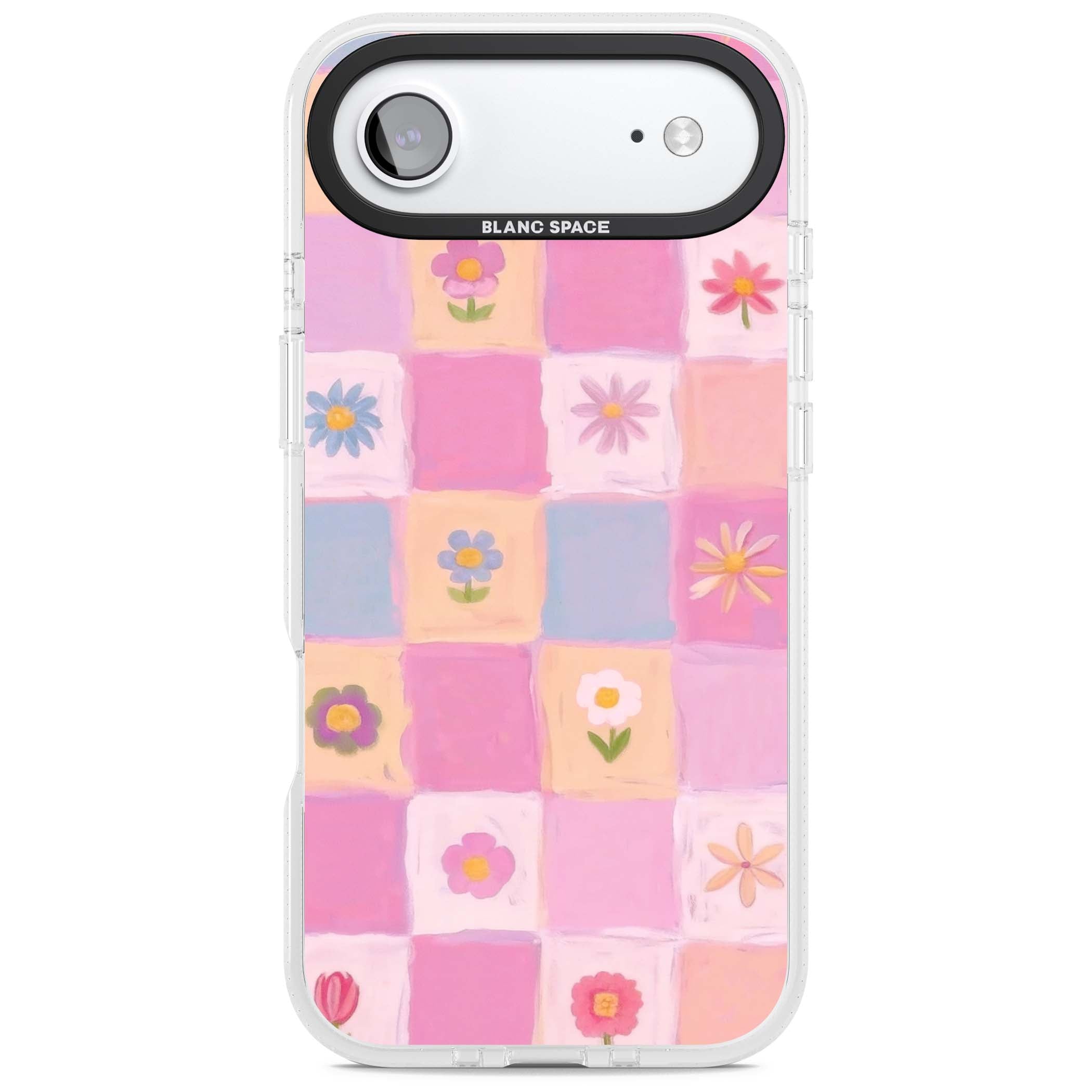 Pastel Flower Patchwork cottagecore iPhone case featuring painted pink and lilac squares with daisies and wildflowers | Clear Case Impact Air case for iPhone Air