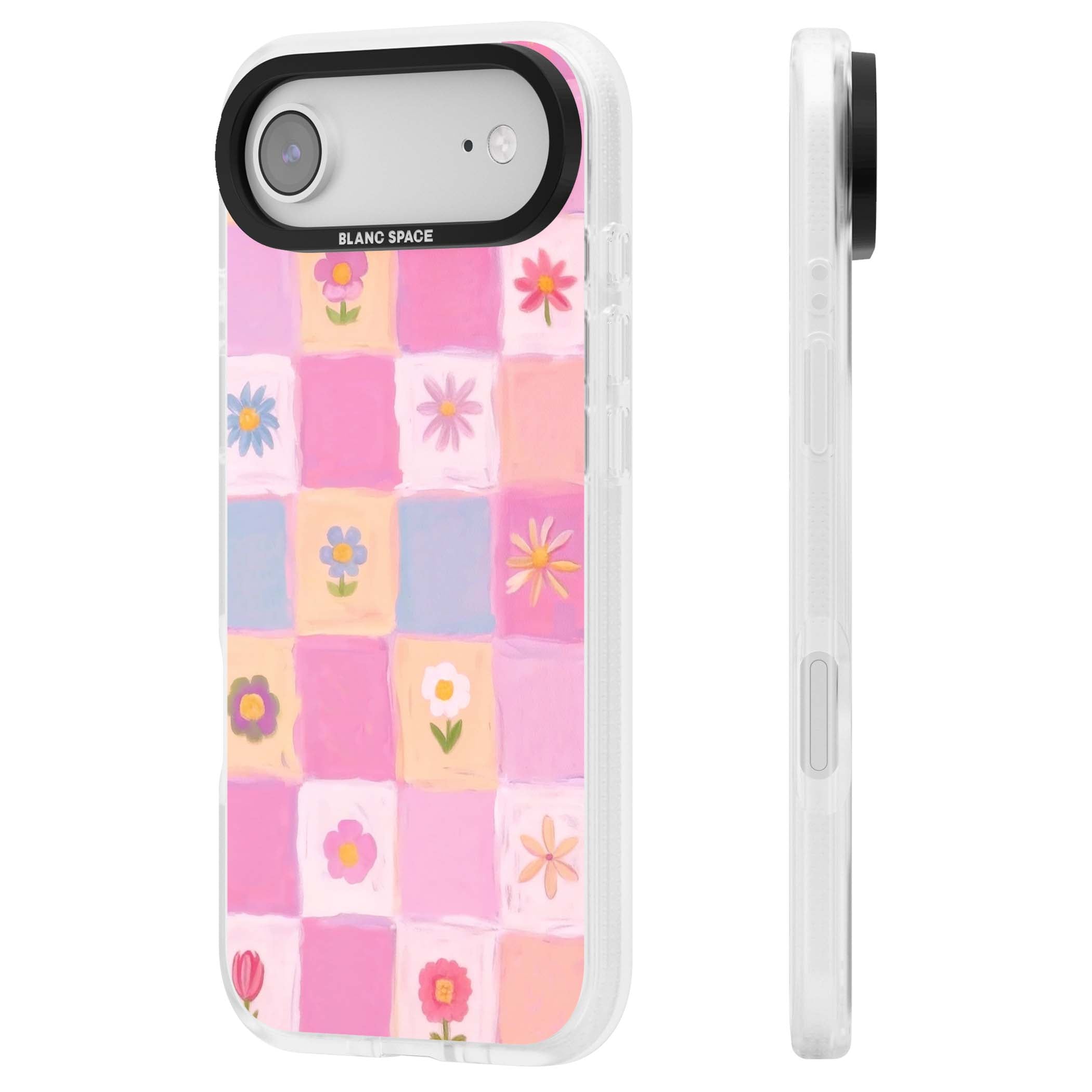 Pastel Flower Patchwork cottagecore iPhone case featuring painted pink and lilac squares with daisies and wildflowers | Clear Case Impact Air case for iPhone Air