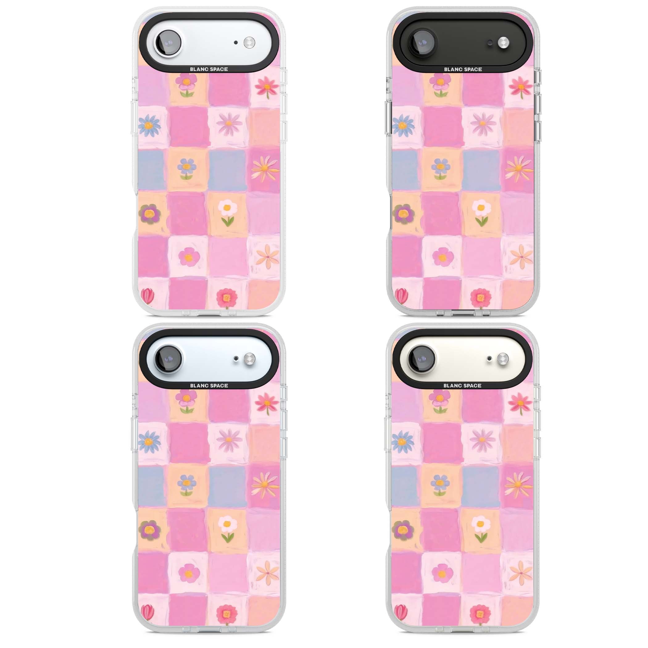 Pastel Flower Patchwork cottagecore iPhone case featuring painted pink and lilac squares with daisies and wildflowers | Clear Case Impact Air case for iPhone Air