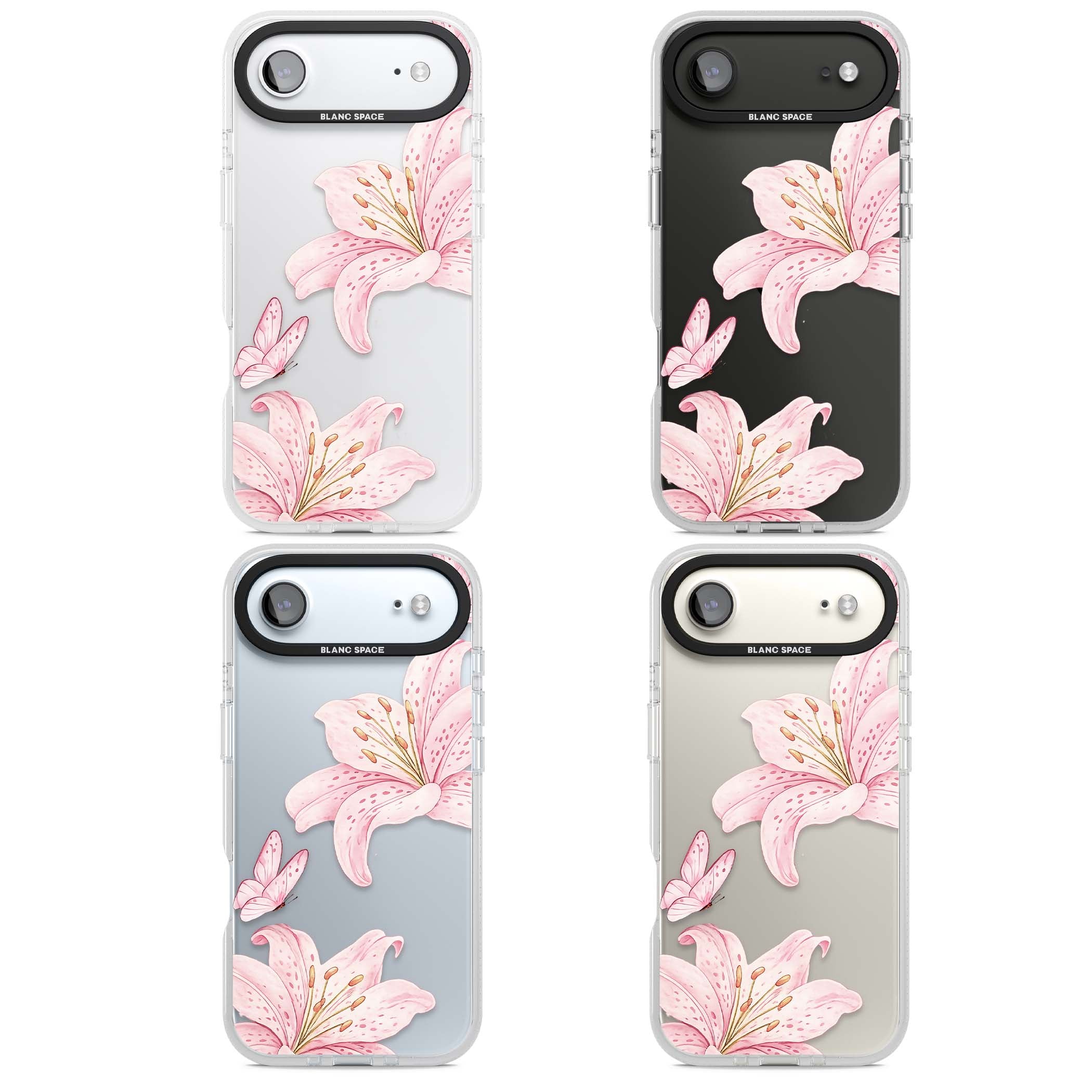 Lily Whisper floral iPhone case featuring pink watercolour lilies and delicate butterflies on a clear background | Clear Case Impact Air case for iPhone Air