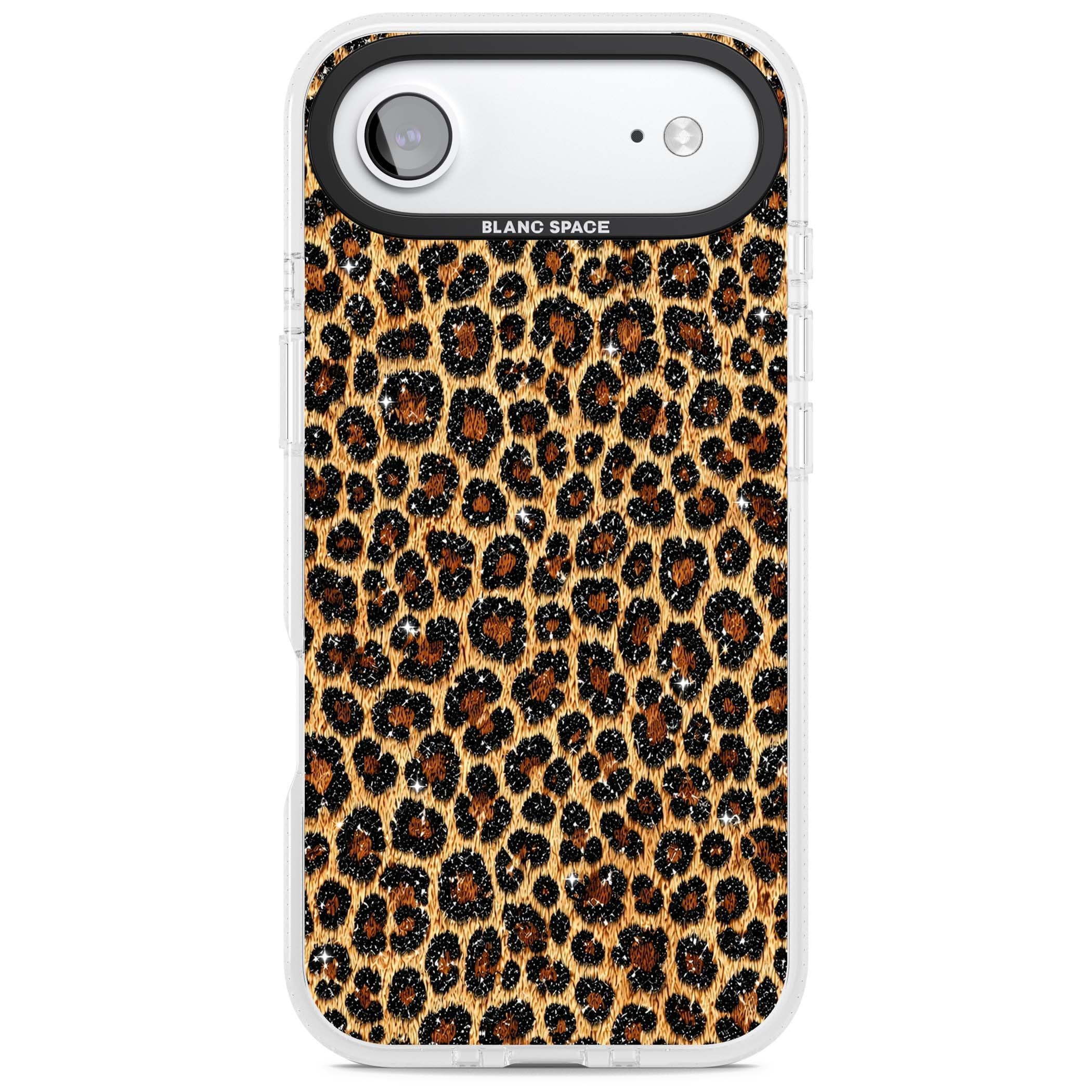 Diamond Leopard leopard print iPhone case featuring golden tan fur, black rosette spots and subtle glitter sparkle | Clear Case Impact Air case for iPhone Air