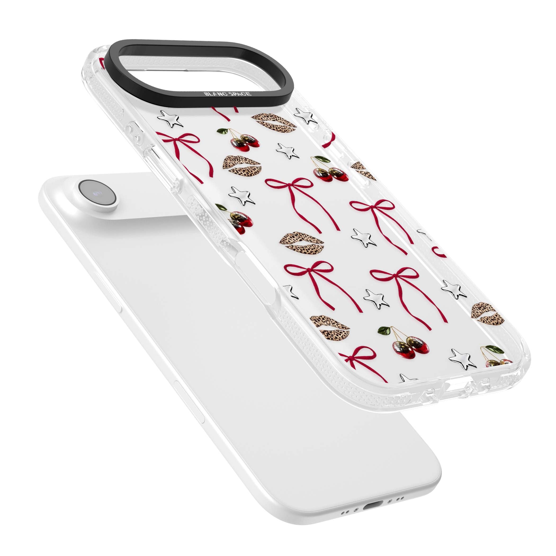 Starlet coquette iPhone case featuring red ribbon bows, disco cherries and leopard-print lips | Clear Case Impact Air case for iPhone Air