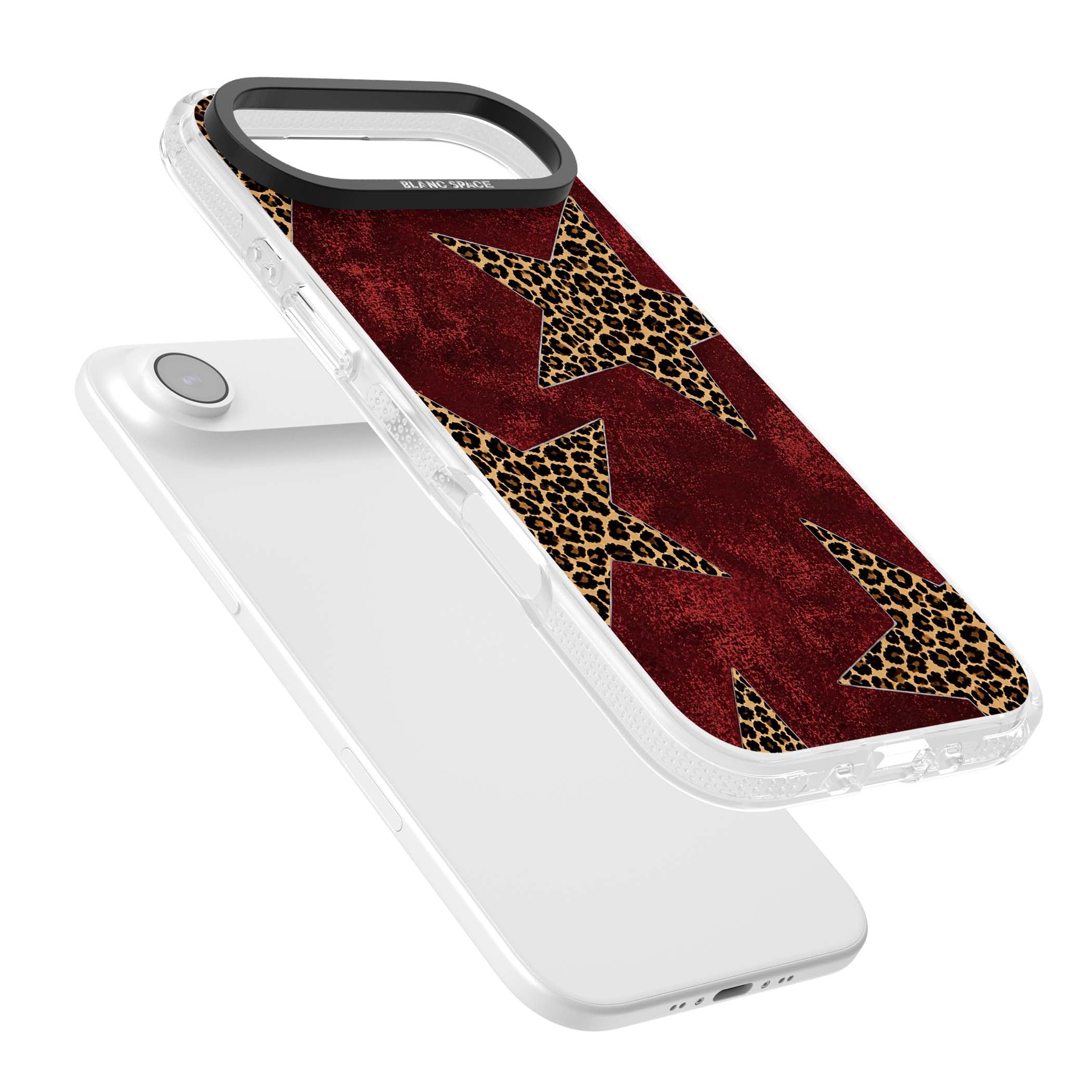 Showgirl leopard print iPhone case featuring cheetah print stars on distressed red grunge background | Clear Case Impact Air case for iPhone Air