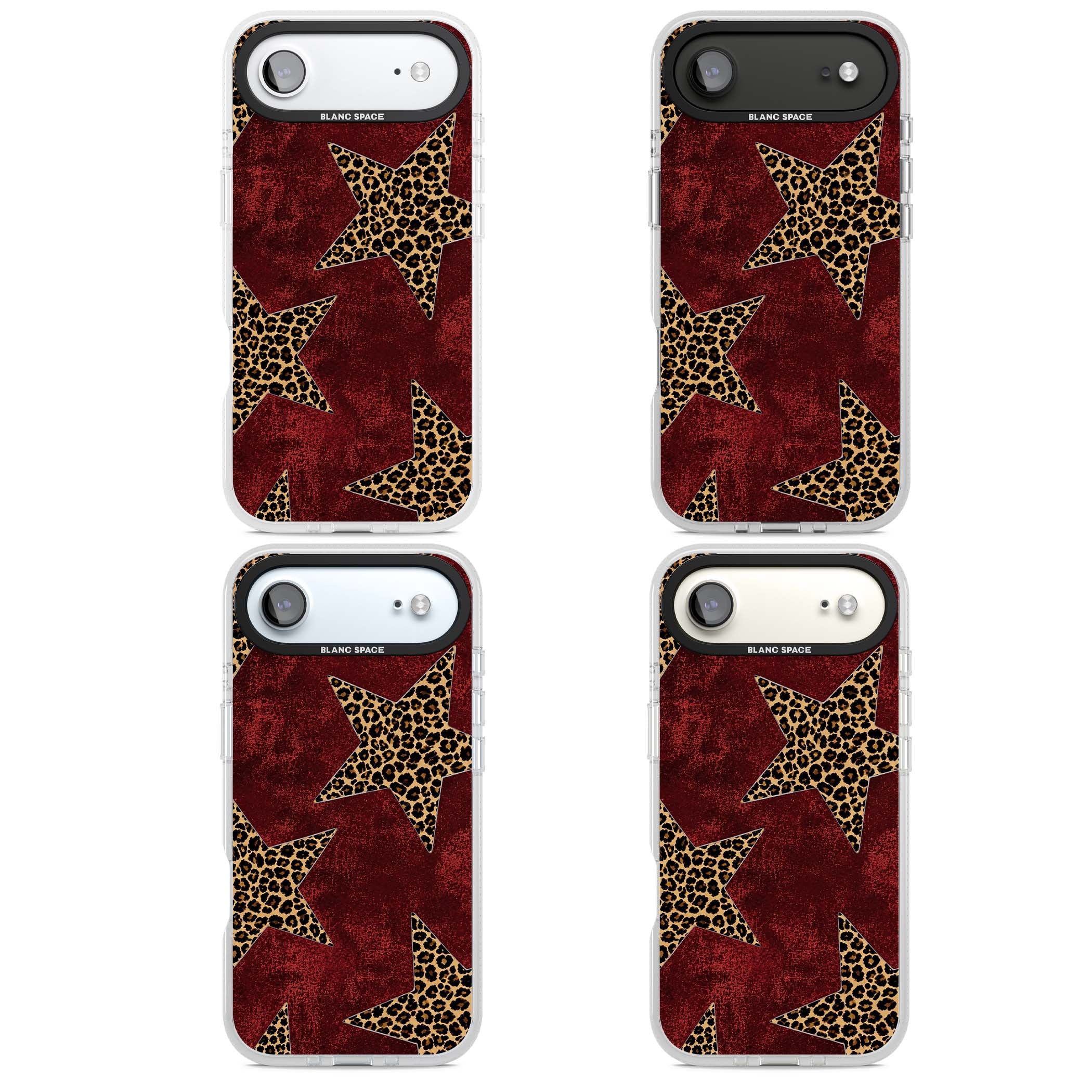 Showgirl leopard print iPhone case featuring cheetah print stars on distressed red grunge background | Clear Case Impact Air case for iPhone Air