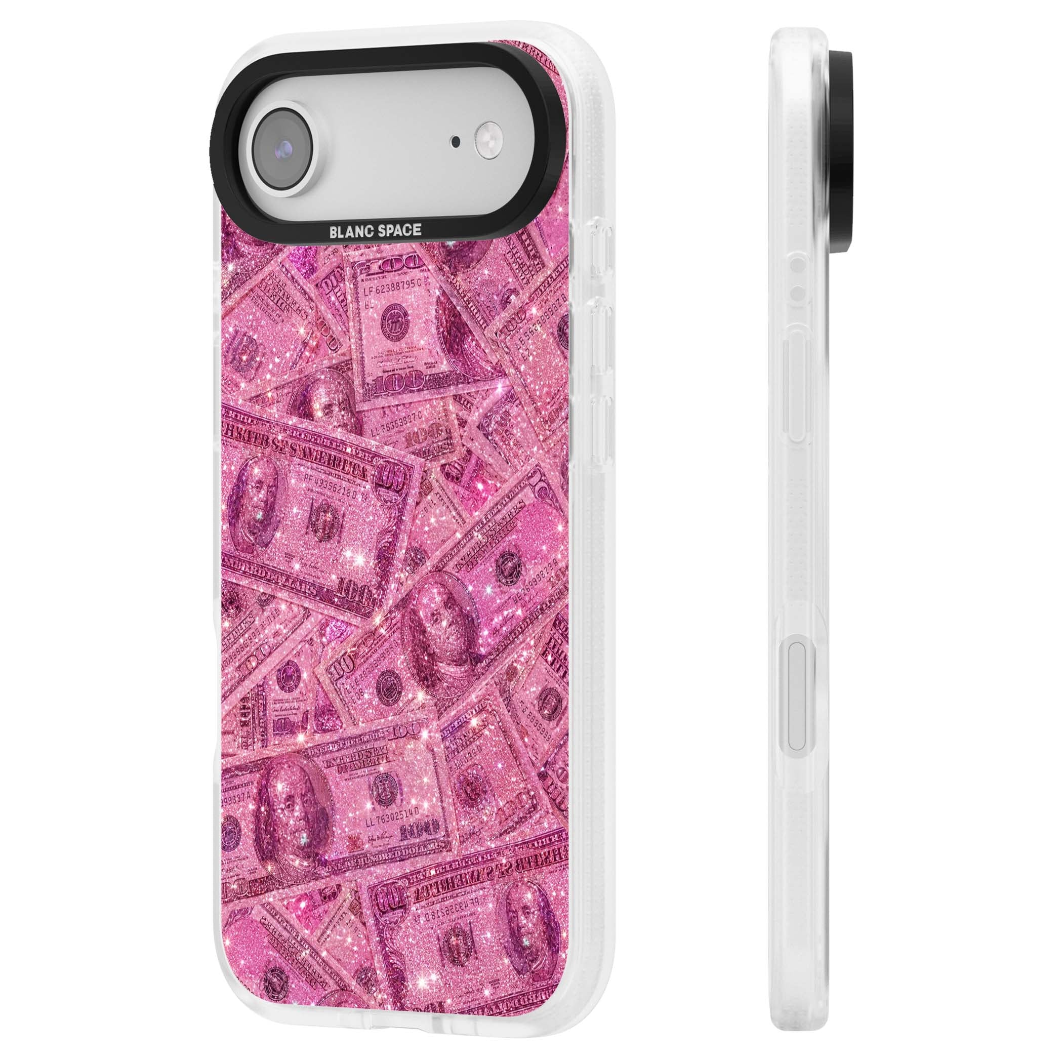 Glamorous baddie iPhone case featuring pink glitter hundred dollar bills and sparkling money wallpaper design | Clear Case Impact Air case for iPhone Air
