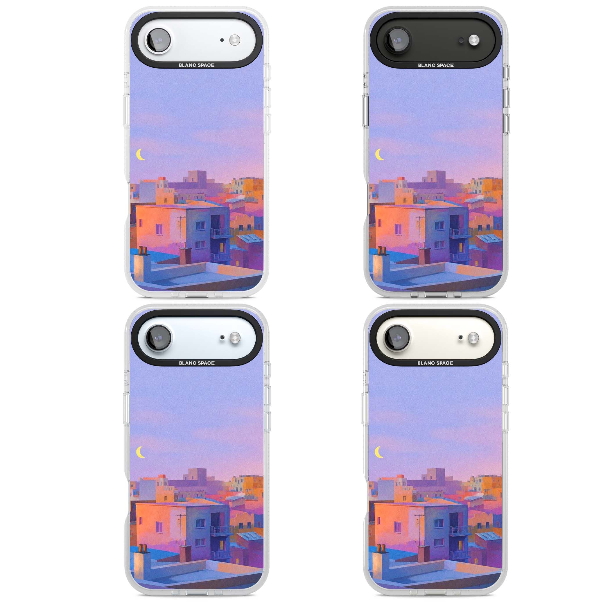Twilight Rooftops vaporwave iPhone case featuring a pastel sunset cityscape, painted rooftops and a crescent moon. | Clear Case Impact Air case for iPhone Air