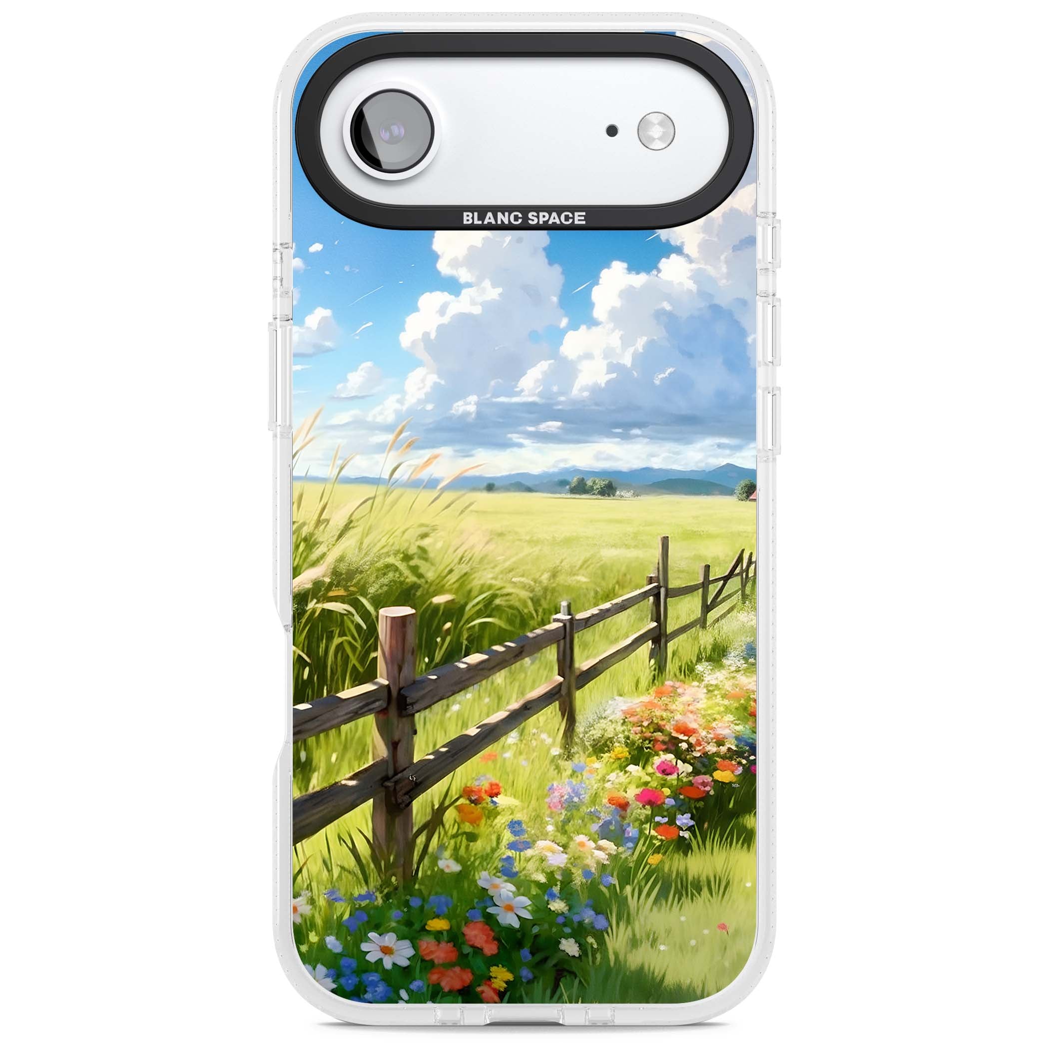 A Countryside Afternoon cottagecore iPhone case featuring a painted countryside meadow, wooden fence, and wildflowers beneath | Clear Case Impact Air case for iPhone Air