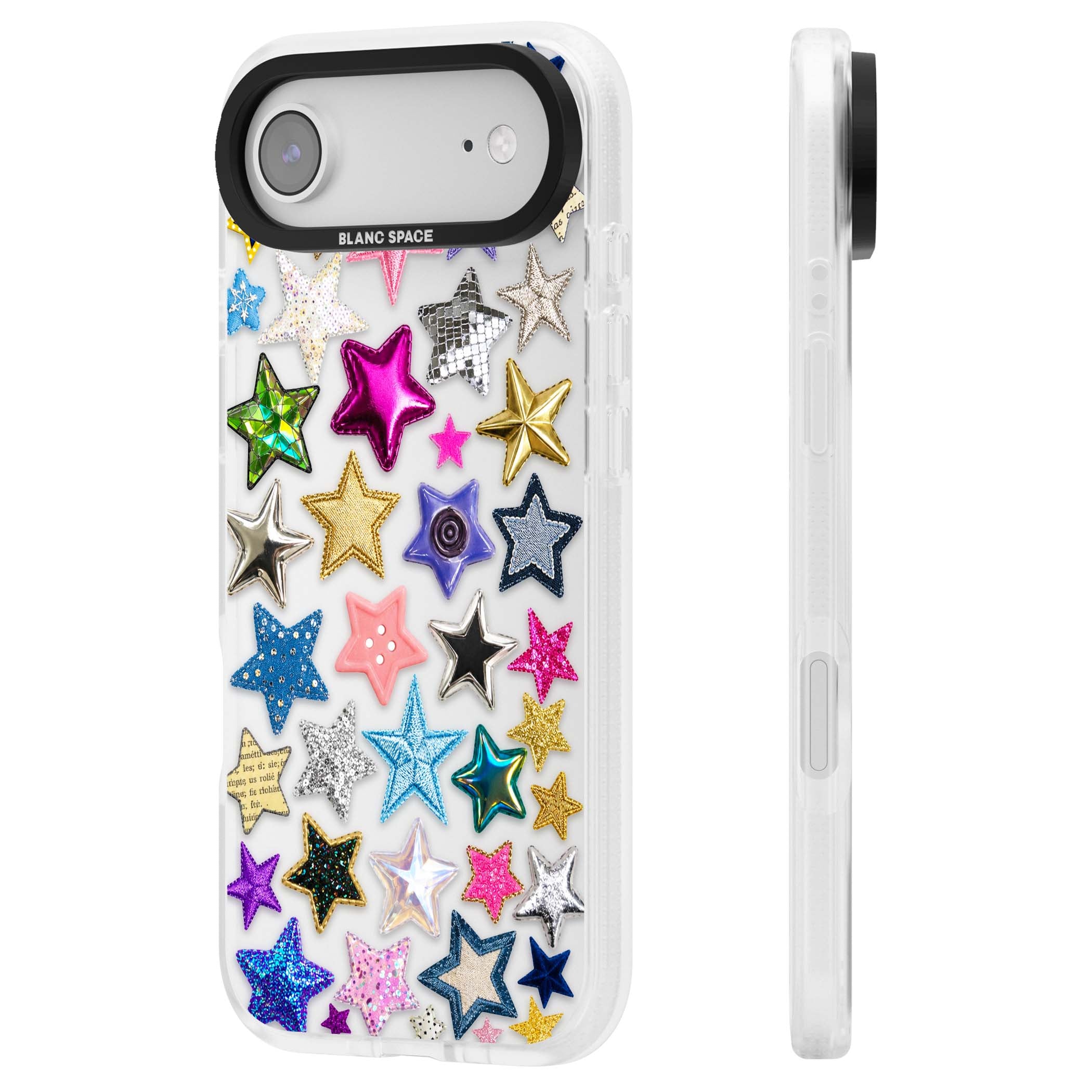 Crafty Star Mix Y2K iPhone case featuring embroidered, sequinned and glitter star patches in rainbow colours | Clear Case Impact Air case for iPhone Air