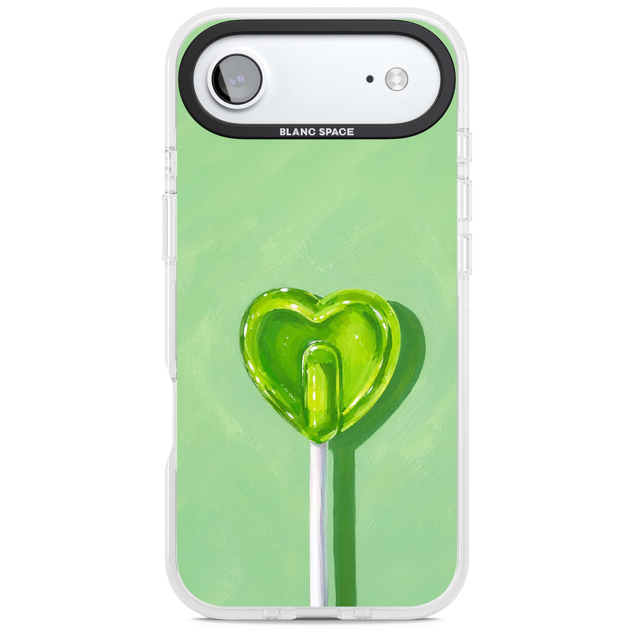 Green Lollipop candy art iPhone case featuring a glossy green heart-shaped lollipop on a painted pastel green background | Clear Case Impact Air case for iPhone Air