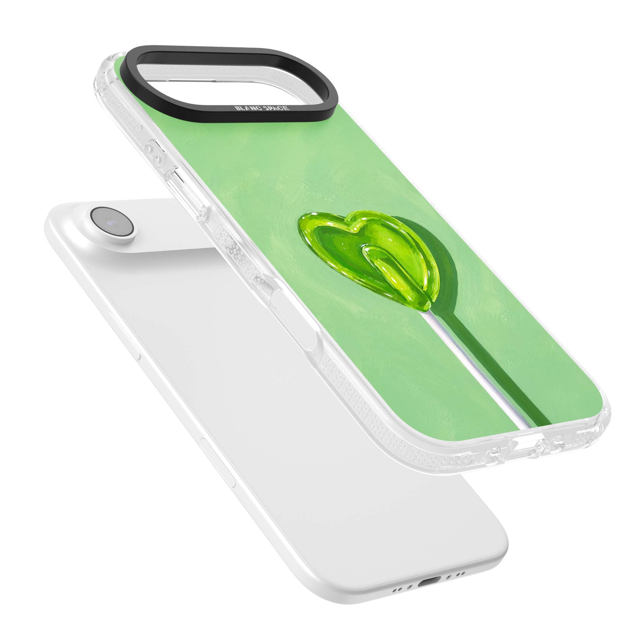 Green Lollipop candy art iPhone case featuring a glossy green heart-shaped lollipop on a painted pastel green background | Clear Case Impact Air case for iPhone Air