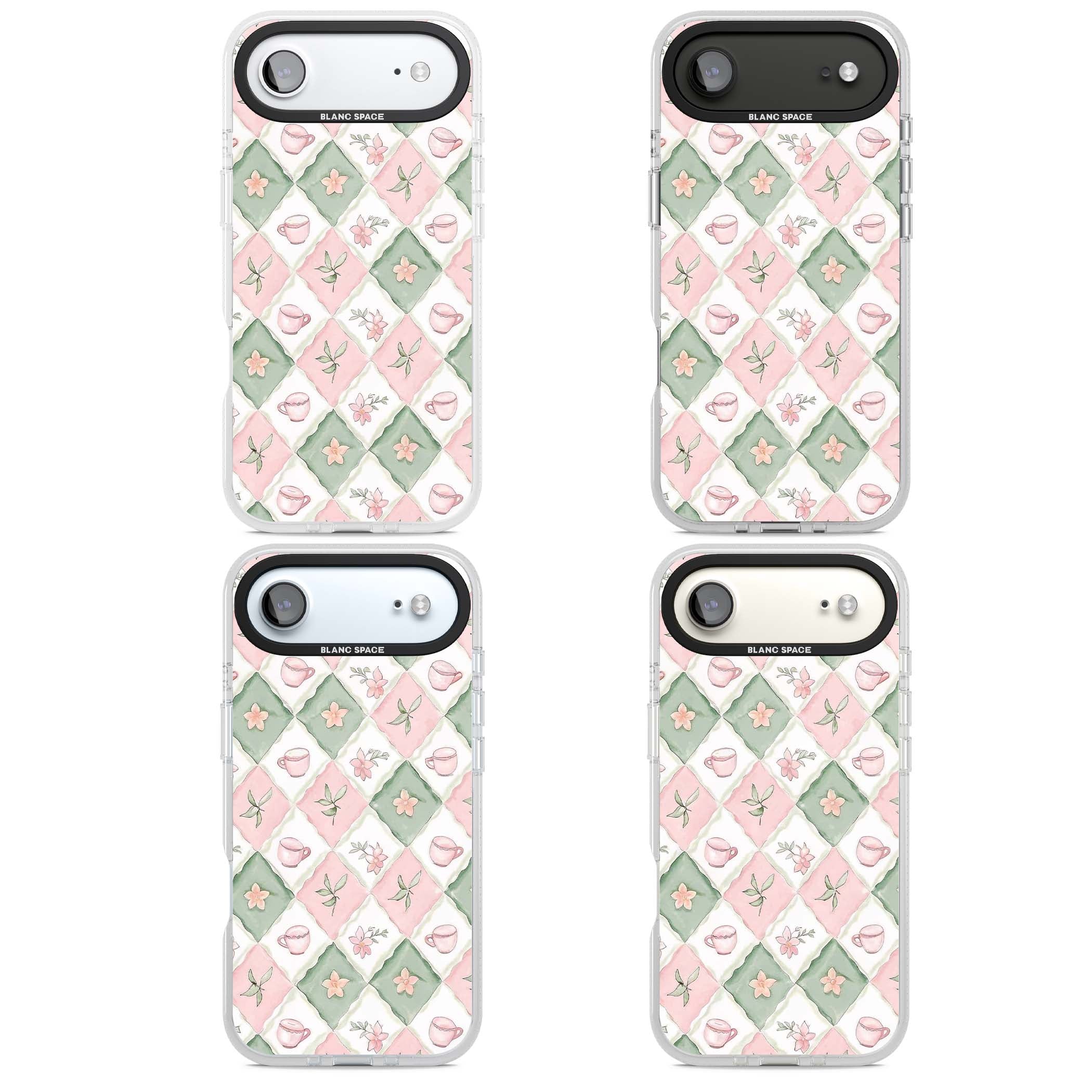 Garden Tea Party coquette iPhone case with pink and green checkered pattern, watercolour teacups and wildflowers | Clear Case Impact Air case for iPhone Air
