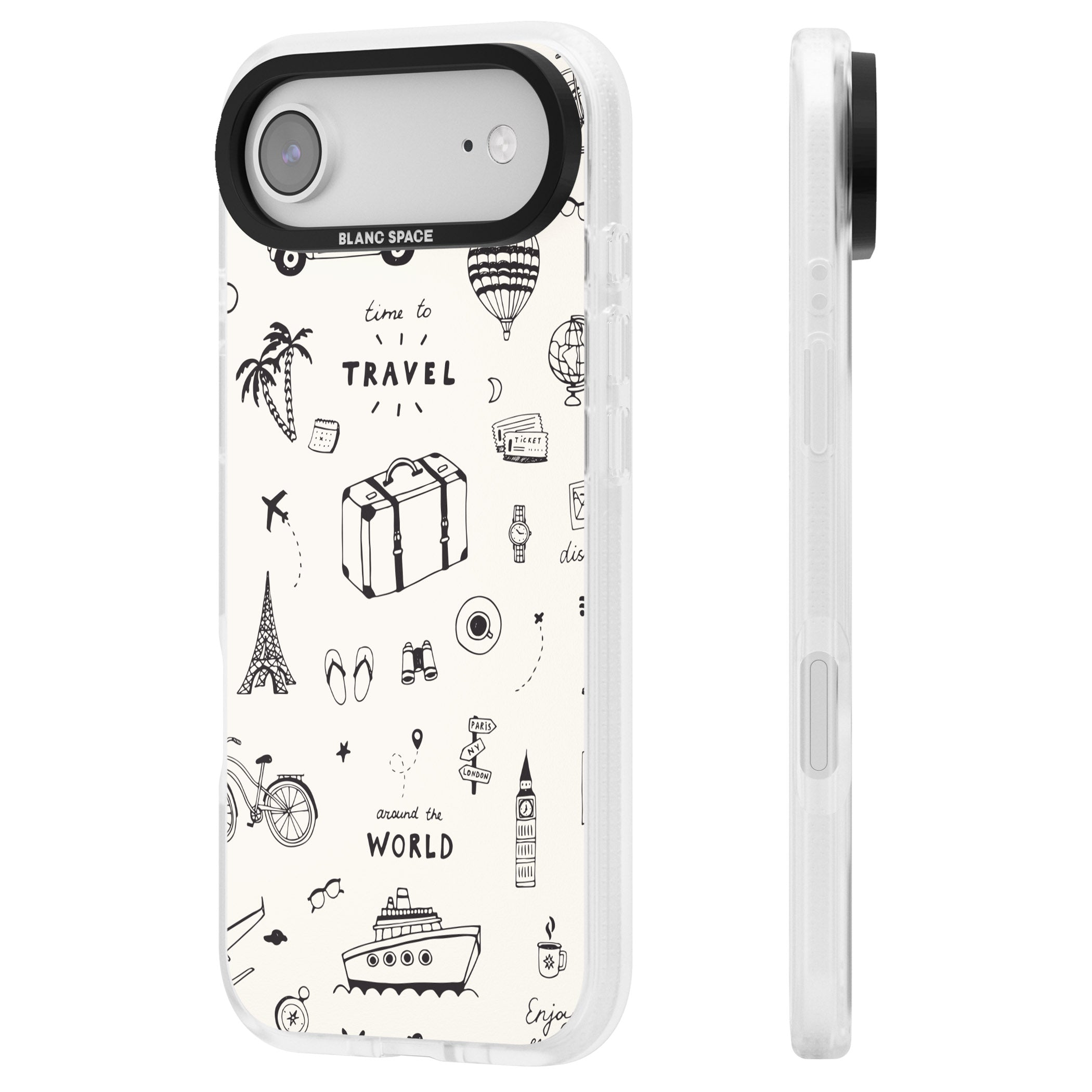 Cute Travel Pattern, White On iPhone 17 Air Impact Air Clear Phone Case Side Profile