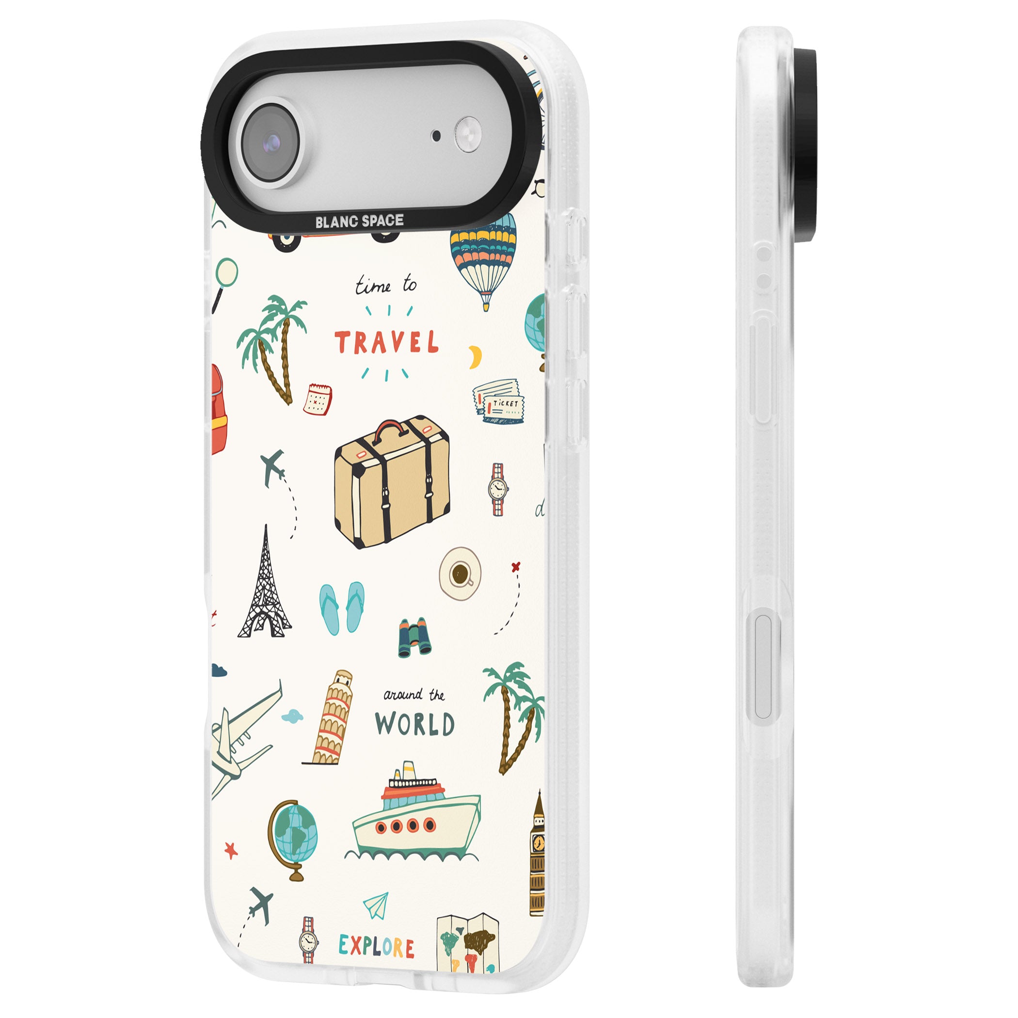 Cute Travel Pattern Cream iPhone 17 Air Impact Air Clear Phone Case Side Profile
