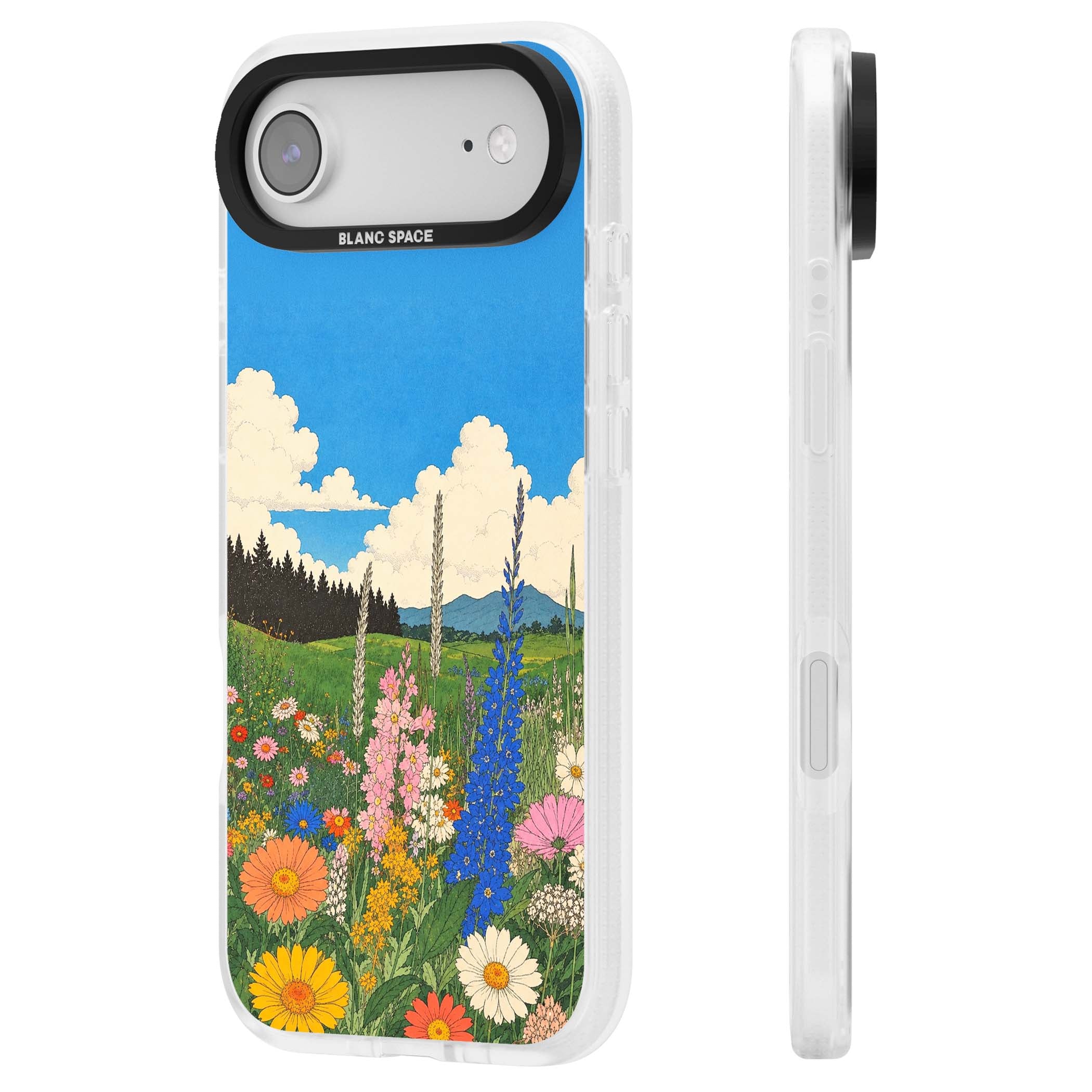 Wildbloom wildflower iPhone case featuring a vintage Japanese-style meadow landscape with daisies, delphiniums and moun | Clear Case Impact Air case for iPhone Air
