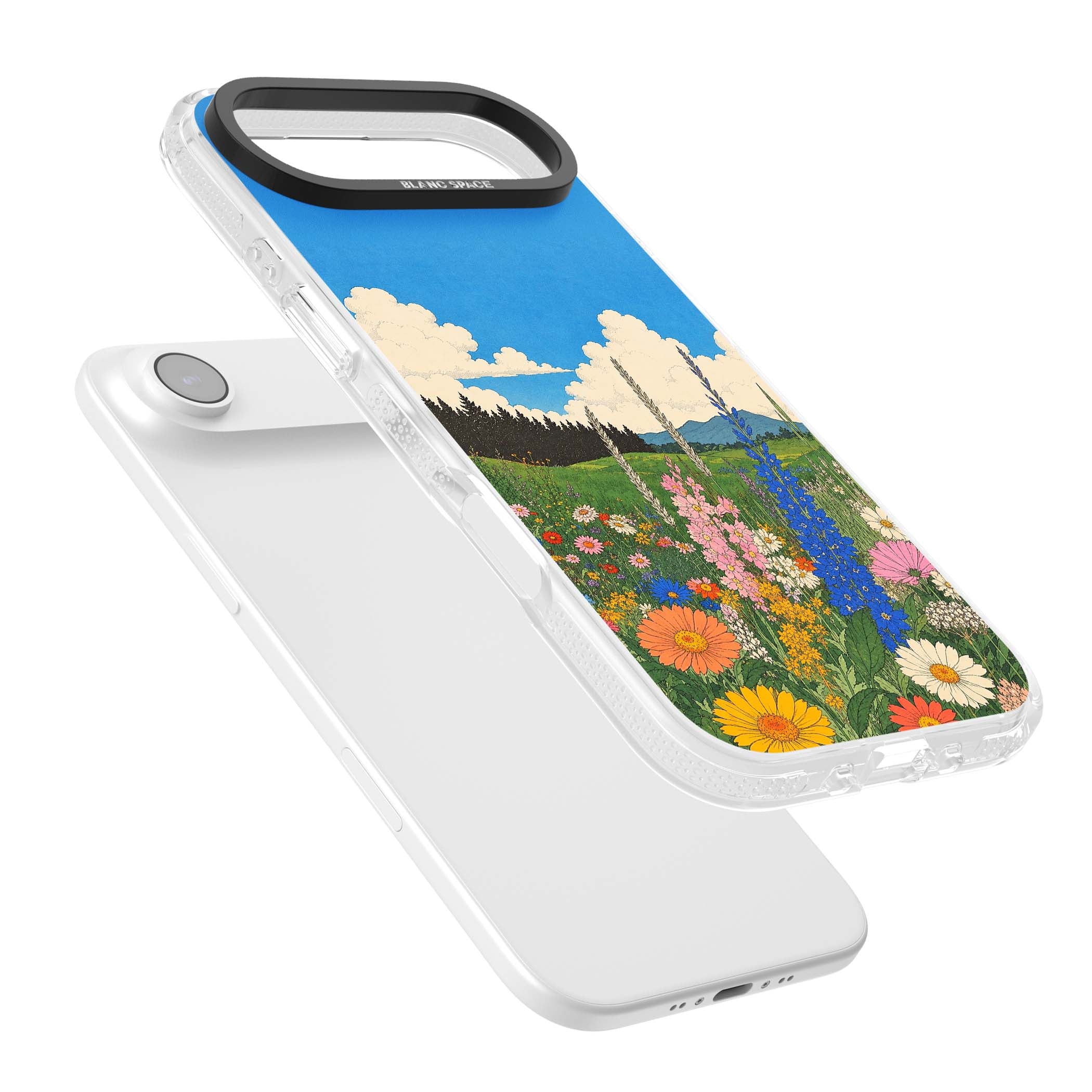Wildbloom wildflower iPhone case featuring a vintage Japanese-style meadow landscape with daisies, delphiniums and moun | Clear Case Impact Air case for iPhone Air
