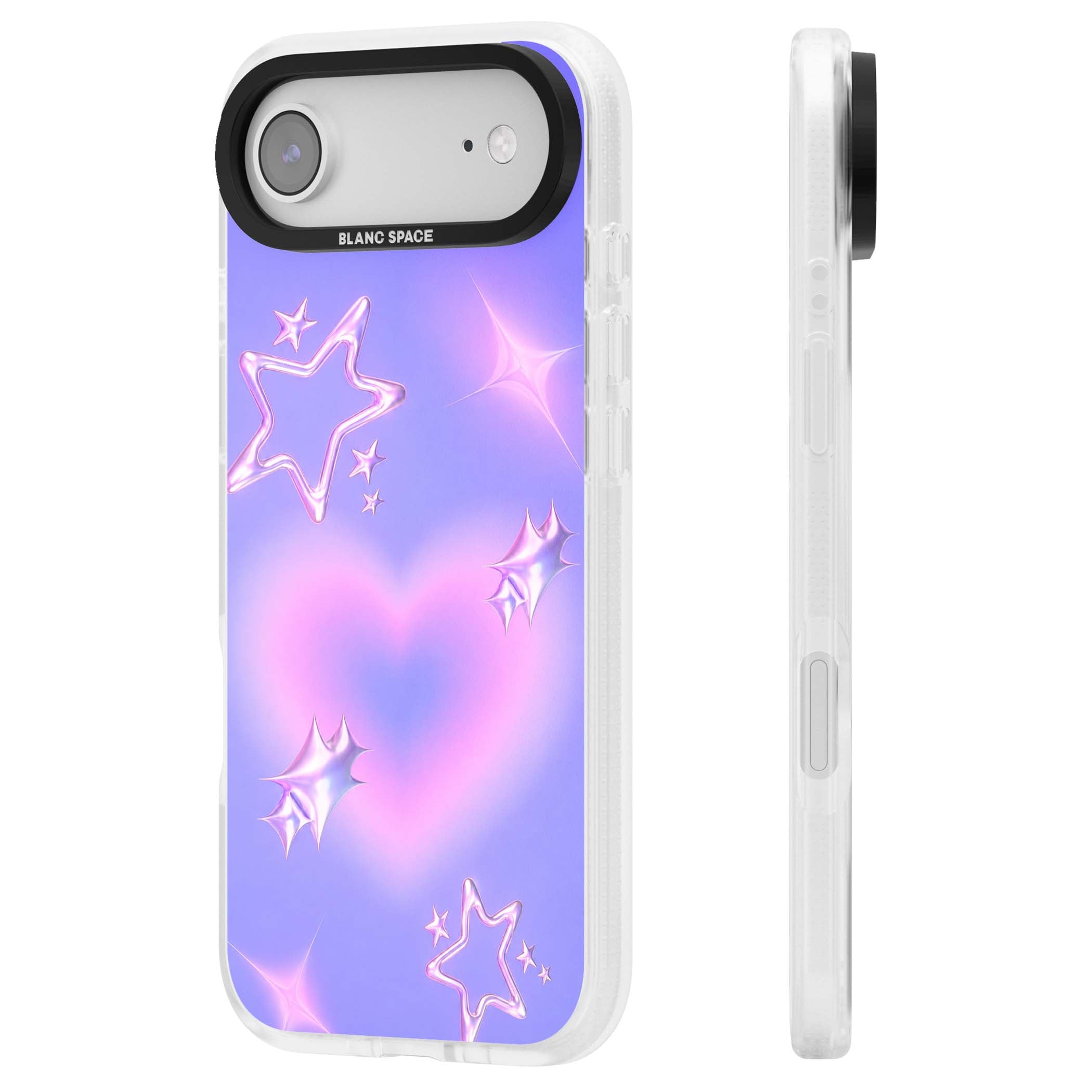 Soft Sugar Y2K iPhone case featuring iridescent chrome hearts, metallic pink stars and a lavender gradient sky | Clear Case Impact Air case for iPhone Air