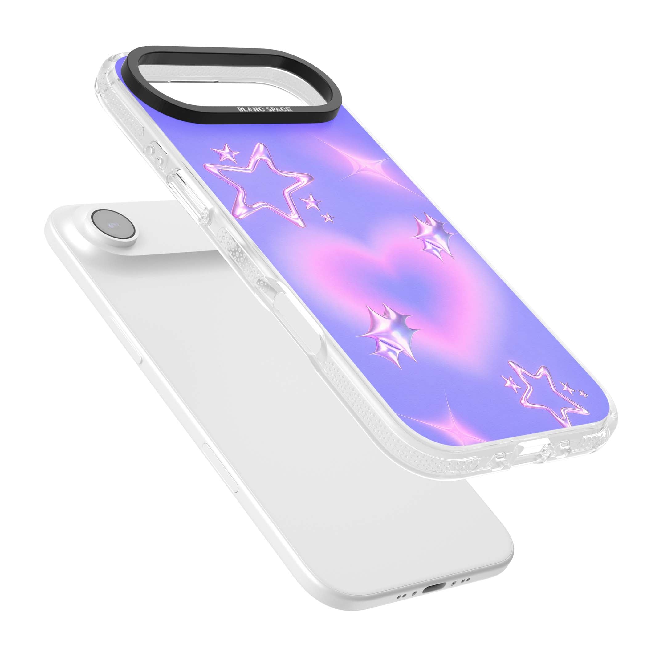 Soft Sugar Y2K iPhone case featuring iridescent chrome hearts, metallic pink stars and a lavender gradient sky | Clear Case Impact Air case for iPhone Air