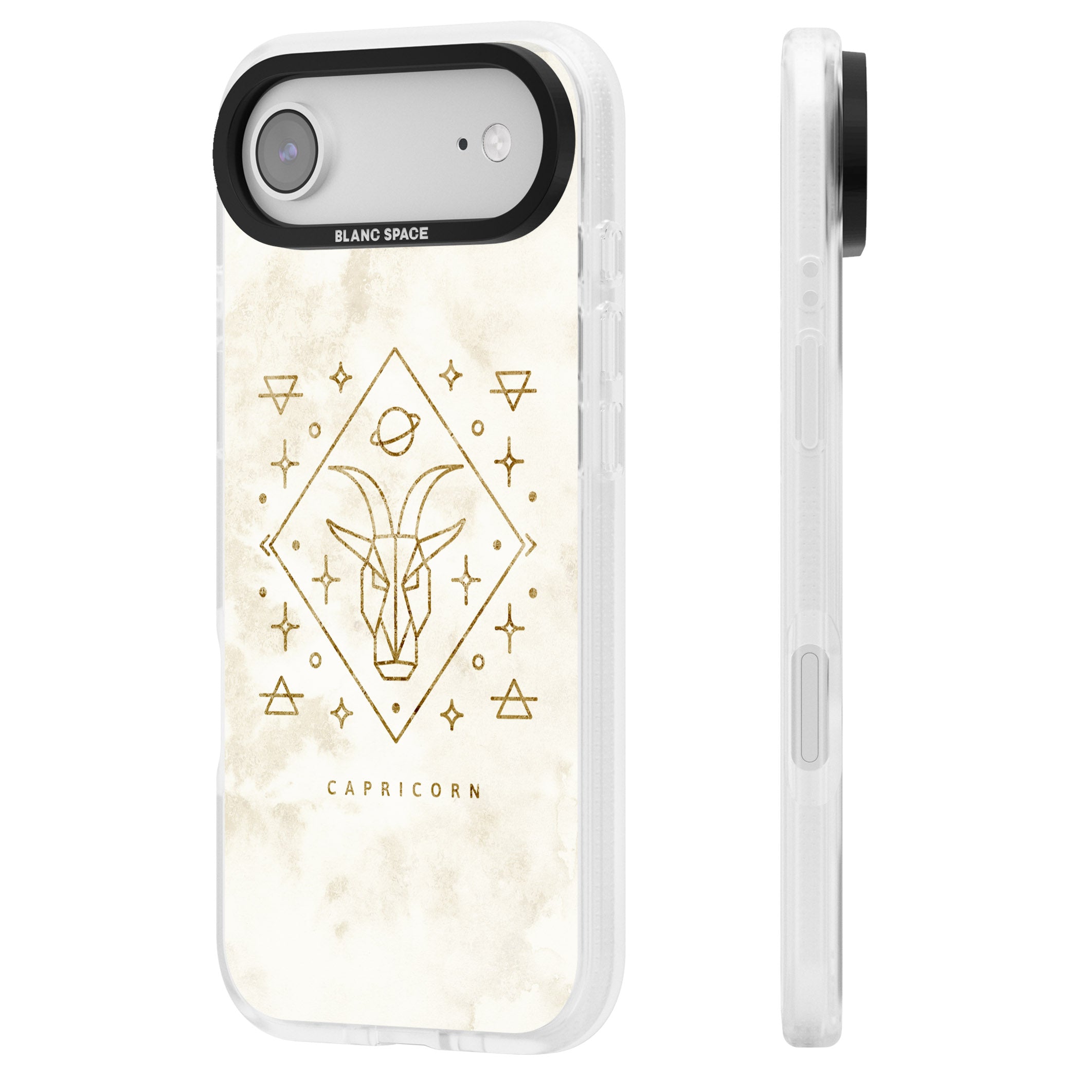 Capricorn Gold Zodiac Design iPhone 17 Air Impact Air Clear Phone Case Side Profile