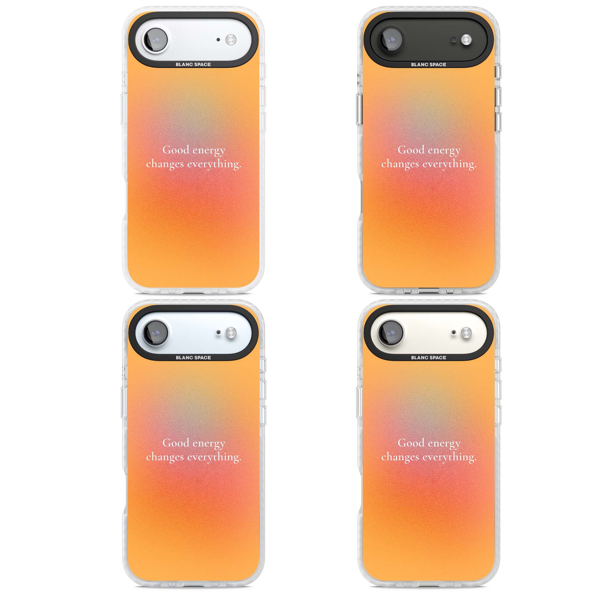 Good Energy quote iPhone case featuring an orange and pink aura gradient with white serif affirmation text | Black Impact case for iPhone Air