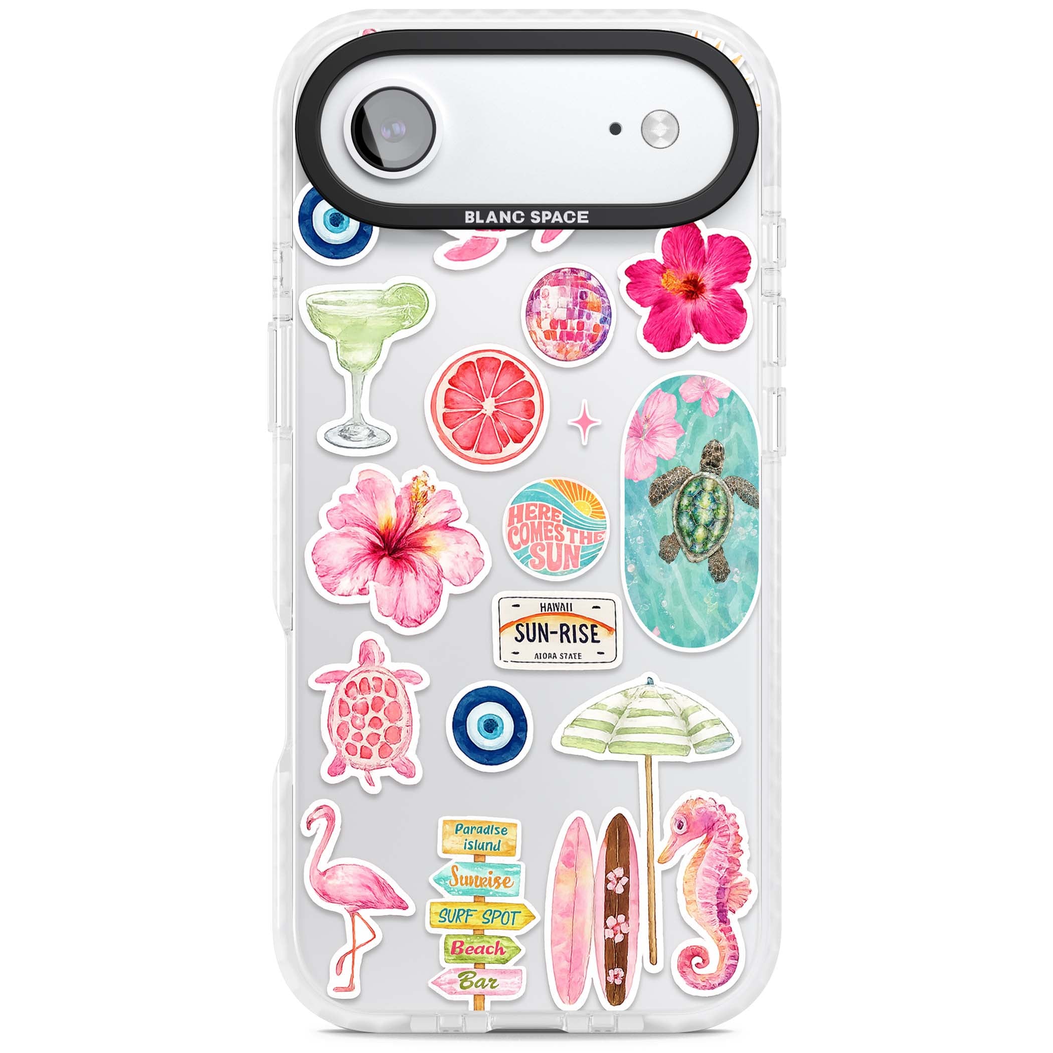 Aloha Sticker Mix tropical summer iPhone case featuring pink hibiscus, sea turtles, flamingo and beach umbrella stickers | Black Impact case for iPhone Air