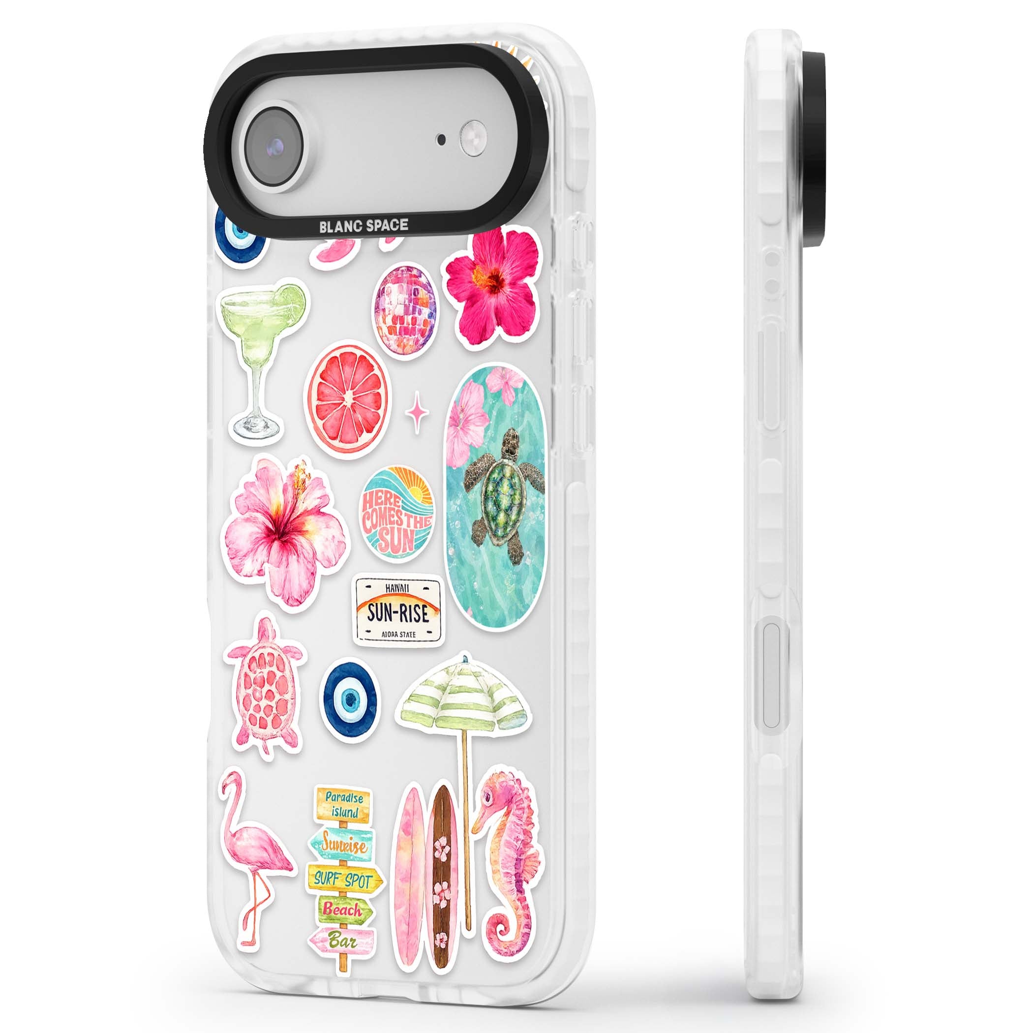 Aloha Sticker Mix tropical summer iPhone case featuring pink hibiscus, sea turtles, flamingo and beach umbrella stickers | Black Impact case for iPhone Air