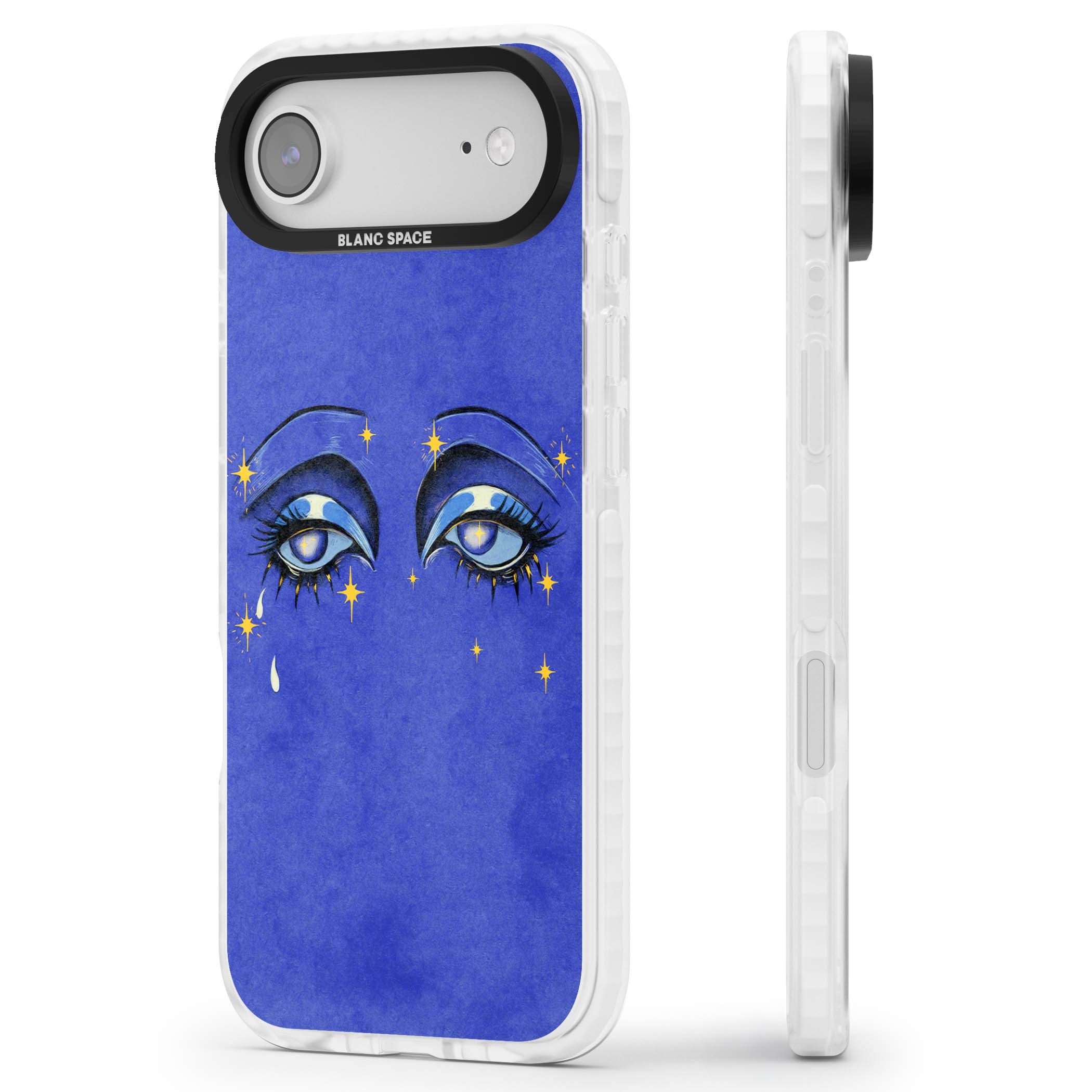 Blue Mystic Eyes celestial iPhone case featuring hand drawn blue mystical eyes, golden stars and a painted tear on indigo | Black Impact case for iPhone Air