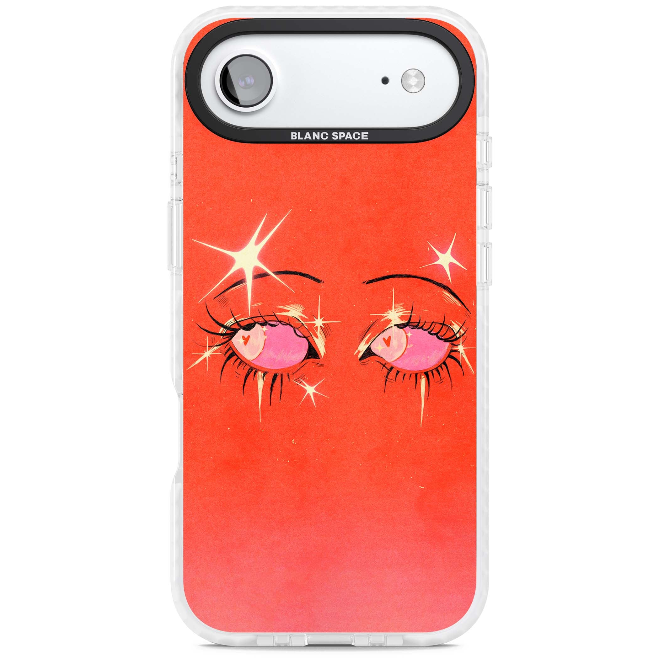 Pink Ethereal Eyes anime iPhone case featuring hand-drawn sparkly eyes with pink hearts and gold stars on red | Black Impact case for iPhone Air