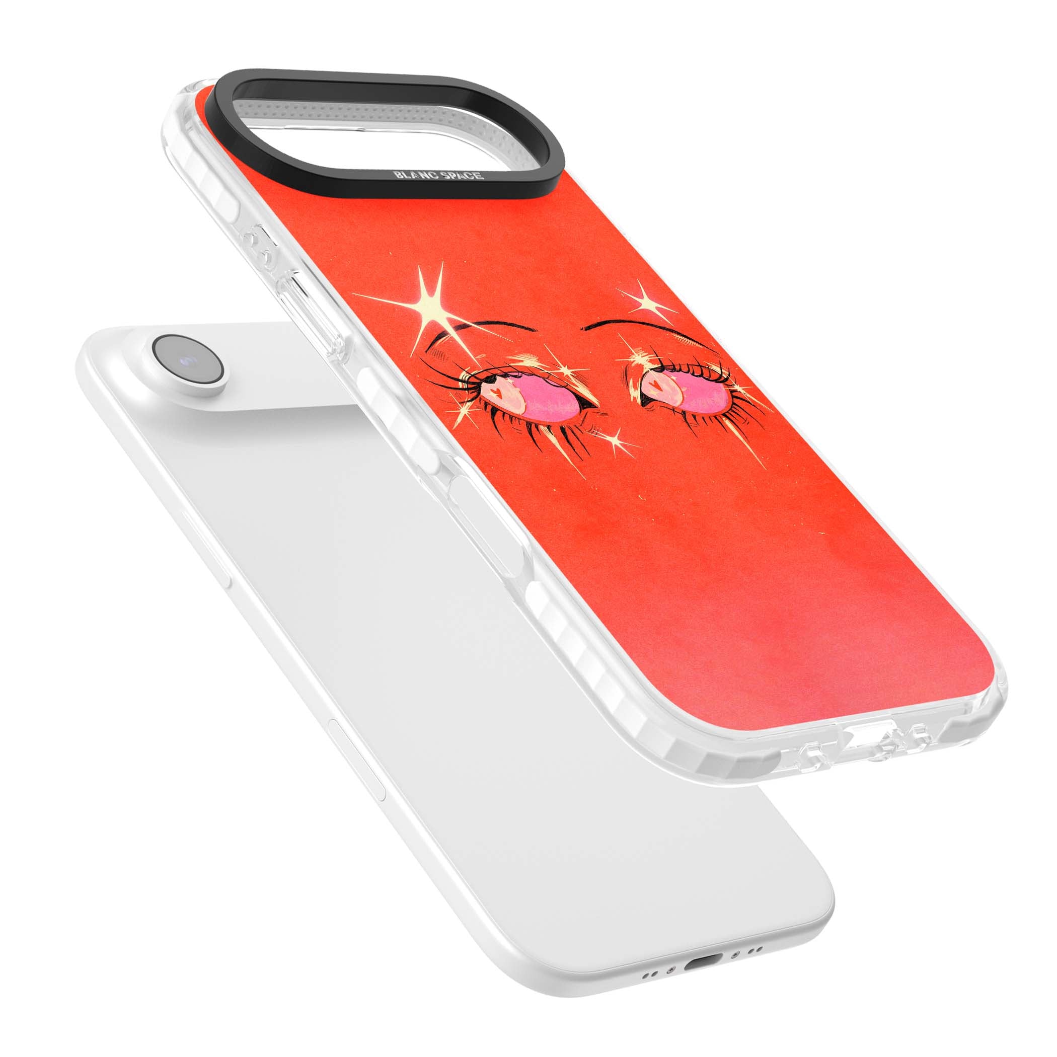Pink Ethereal Eyes anime iPhone case featuring hand-drawn sparkly eyes with pink hearts and gold stars on red | Black Impact case for iPhone Air