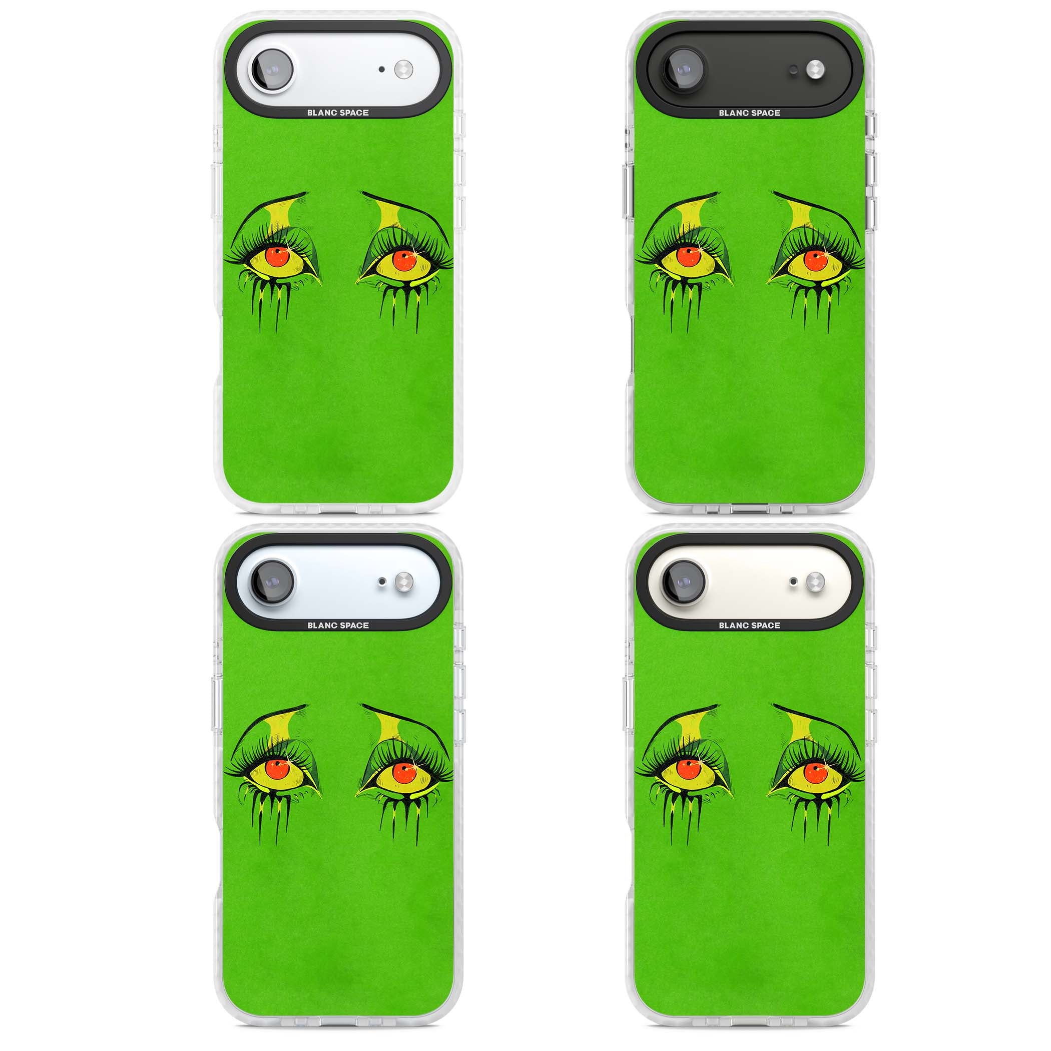 Green Enchanted Eyes psychedelic art iPhone case featuring hand-drawn dripping eyes on neon green background | Black Impact case for iPhone Air