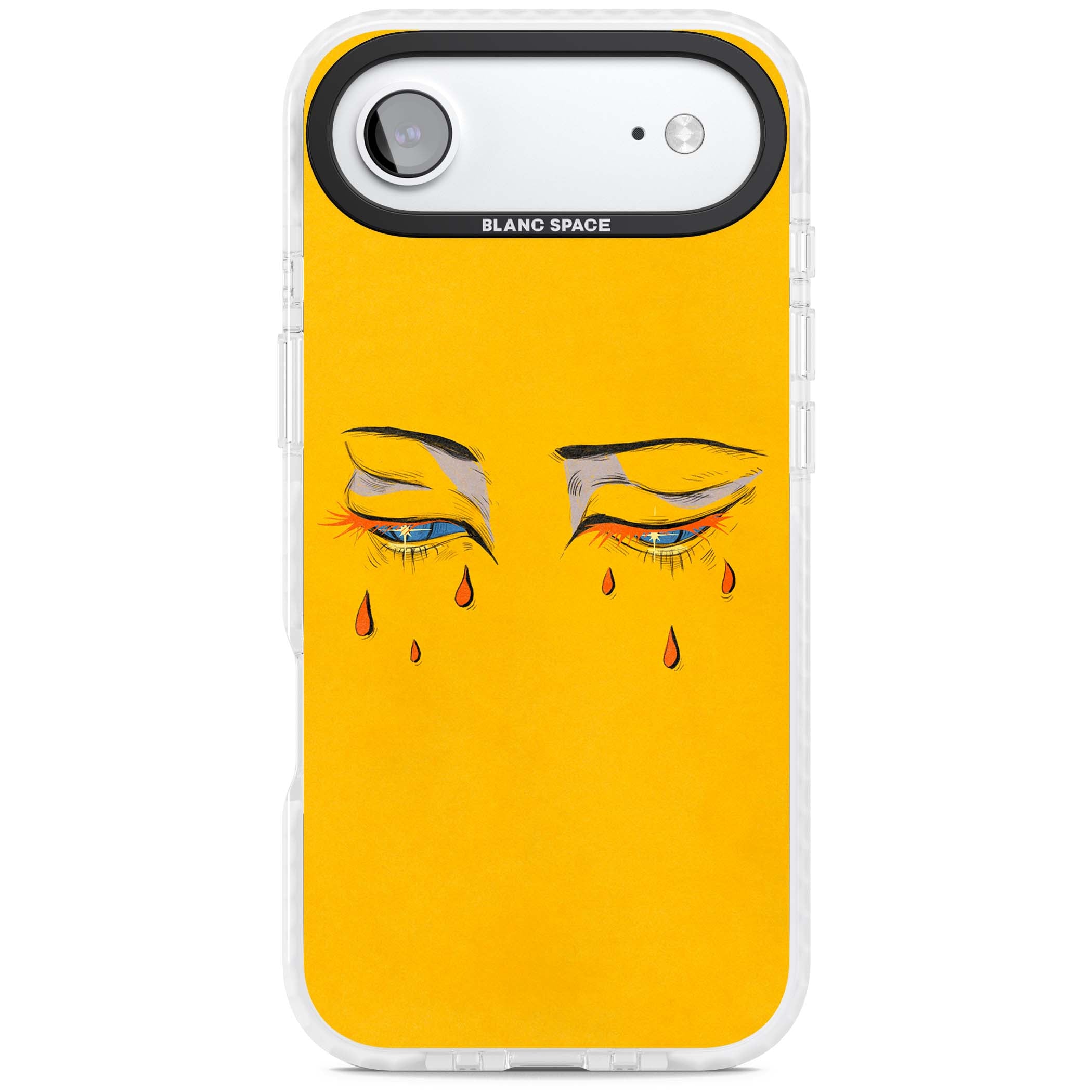 Yellow Tearful Eyes indie iPhone case featuring hand-drawn crying eyes with orange tears on a yellow background | Black Impact case for iPhone Air