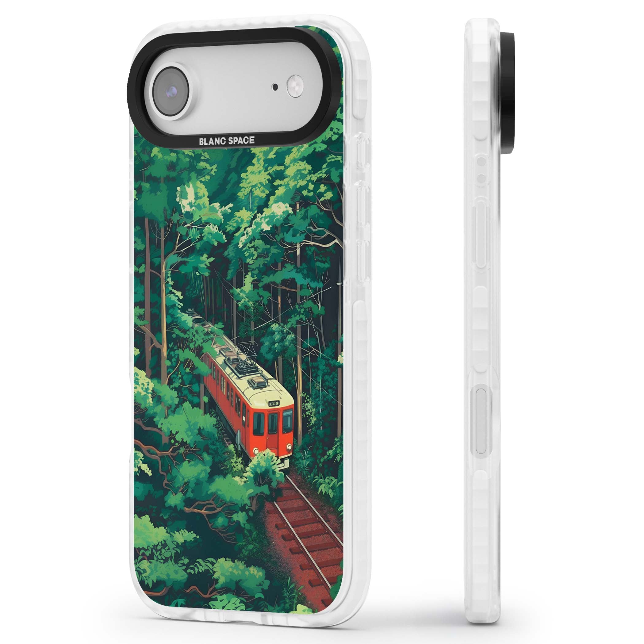 Railway In Toyama Japanese iPhone case featuring a red train, cedar forest and winding mountain railway tracks | Black Impact case for iPhone Air