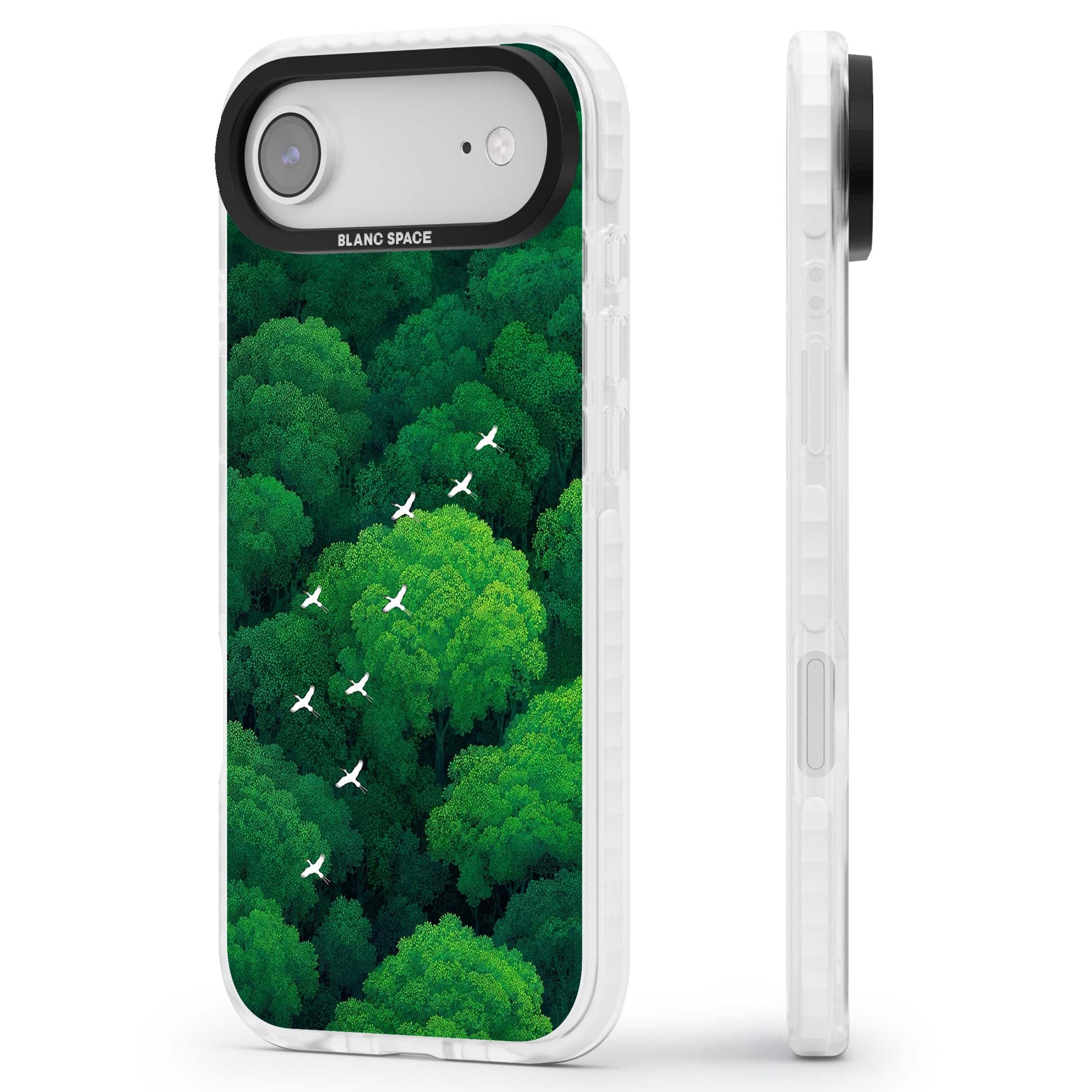 Grove Migration forest iPhone case featuring white cranes flying over lush green treetop canopy | Black Impact case for iPhone Air